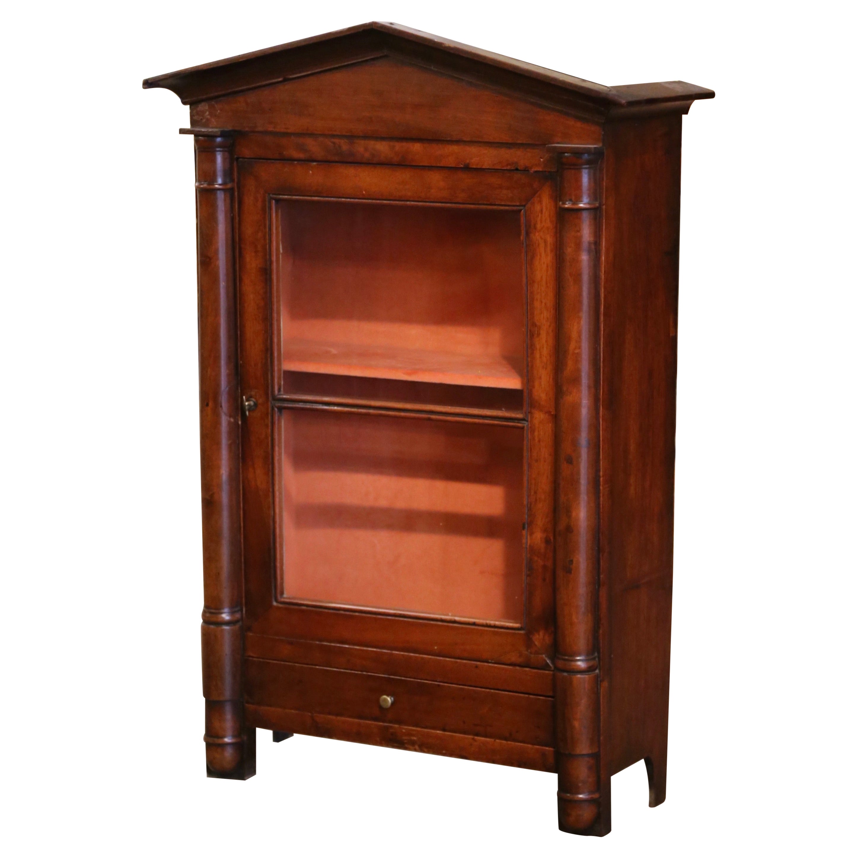 19th Century French Directoire Walnut Wall Vitrine with Glass Door and Drawer