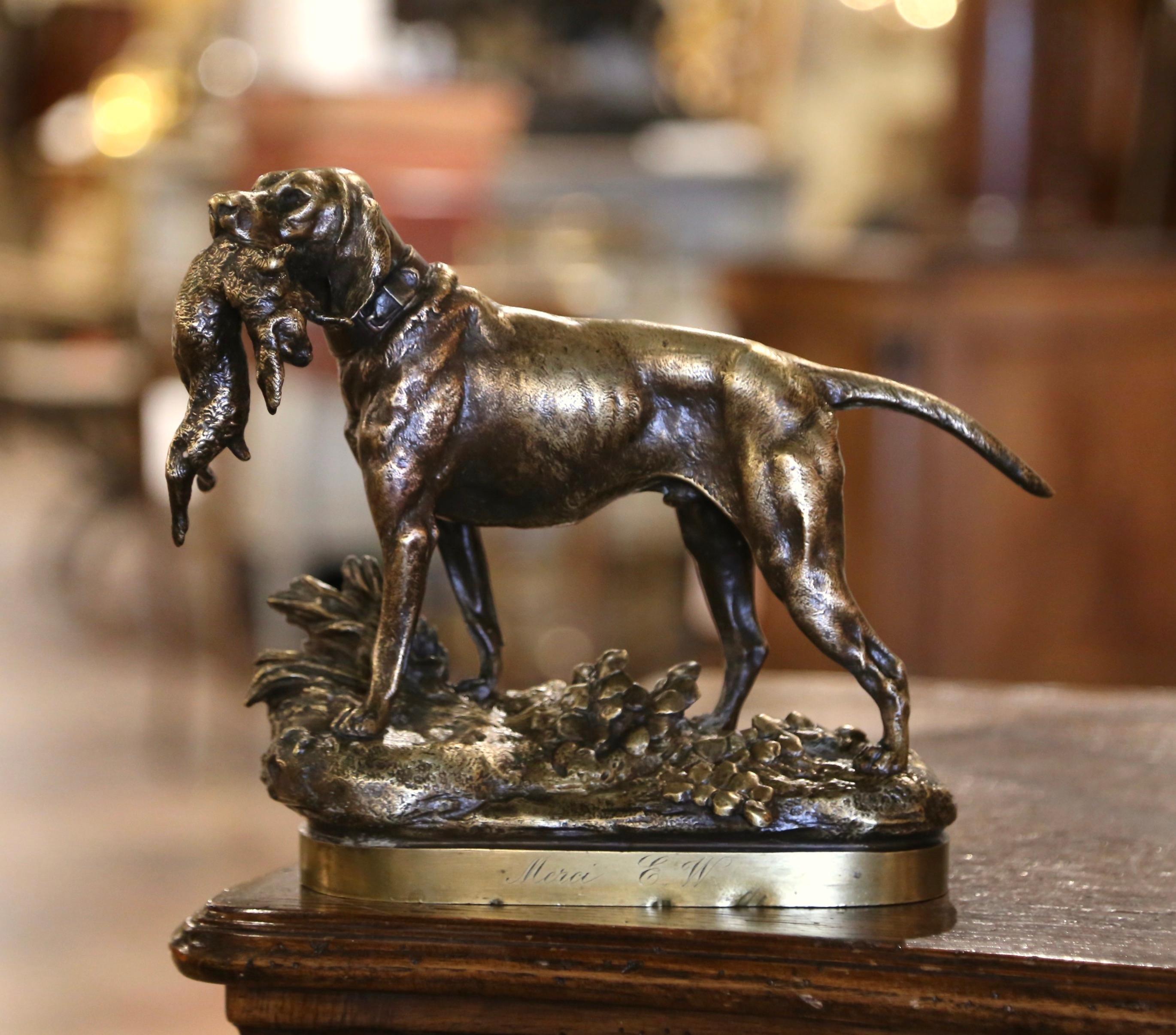 19. Jahrhundert Französisch Hund und Kaninchen Vergoldete Bronze-Skulptur Signiert P. Lecourtier (Handgeschnitzt) im Angebot
