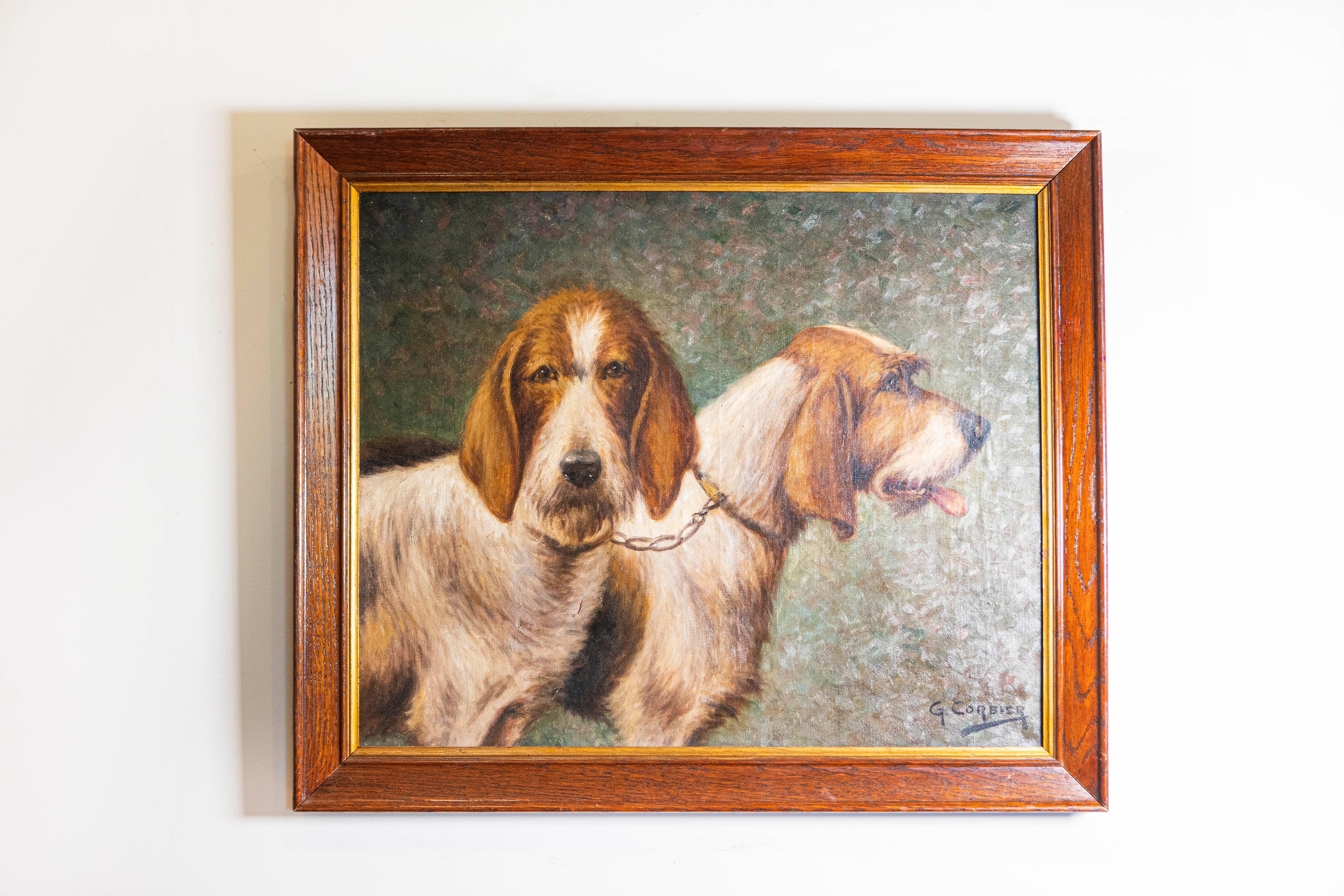 This late 19th-century French oil painting on canvas presents a finely detailed portrait of two hunting dogs, likely Griffon-type hounds, exuding the realism and charm characteristic of the period’s animal portraiture. Signed in the lower right