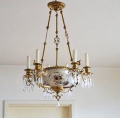 19th Century French Dóre Bronze and Faience Candle Chandelier, Choisy-le-Roy