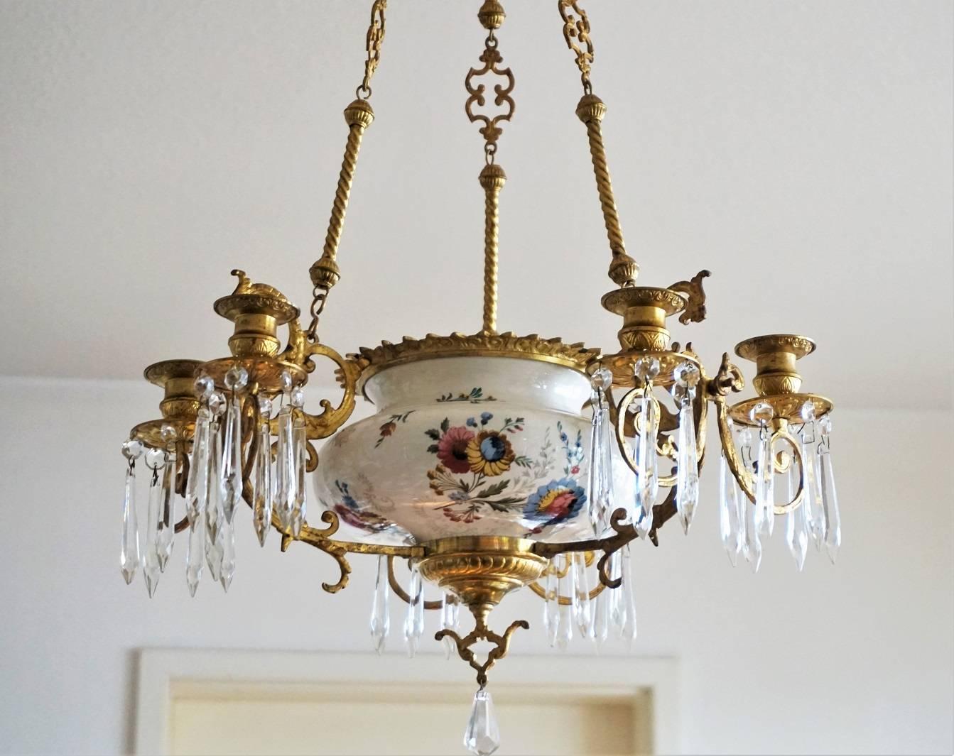 Gilt 19th Century French Dóre Bronze and Faience Candle Chandelier, Choisy-le-Roy