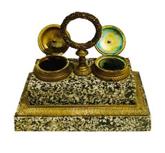 19th Century French Doré Bronze and Marble Inkwell