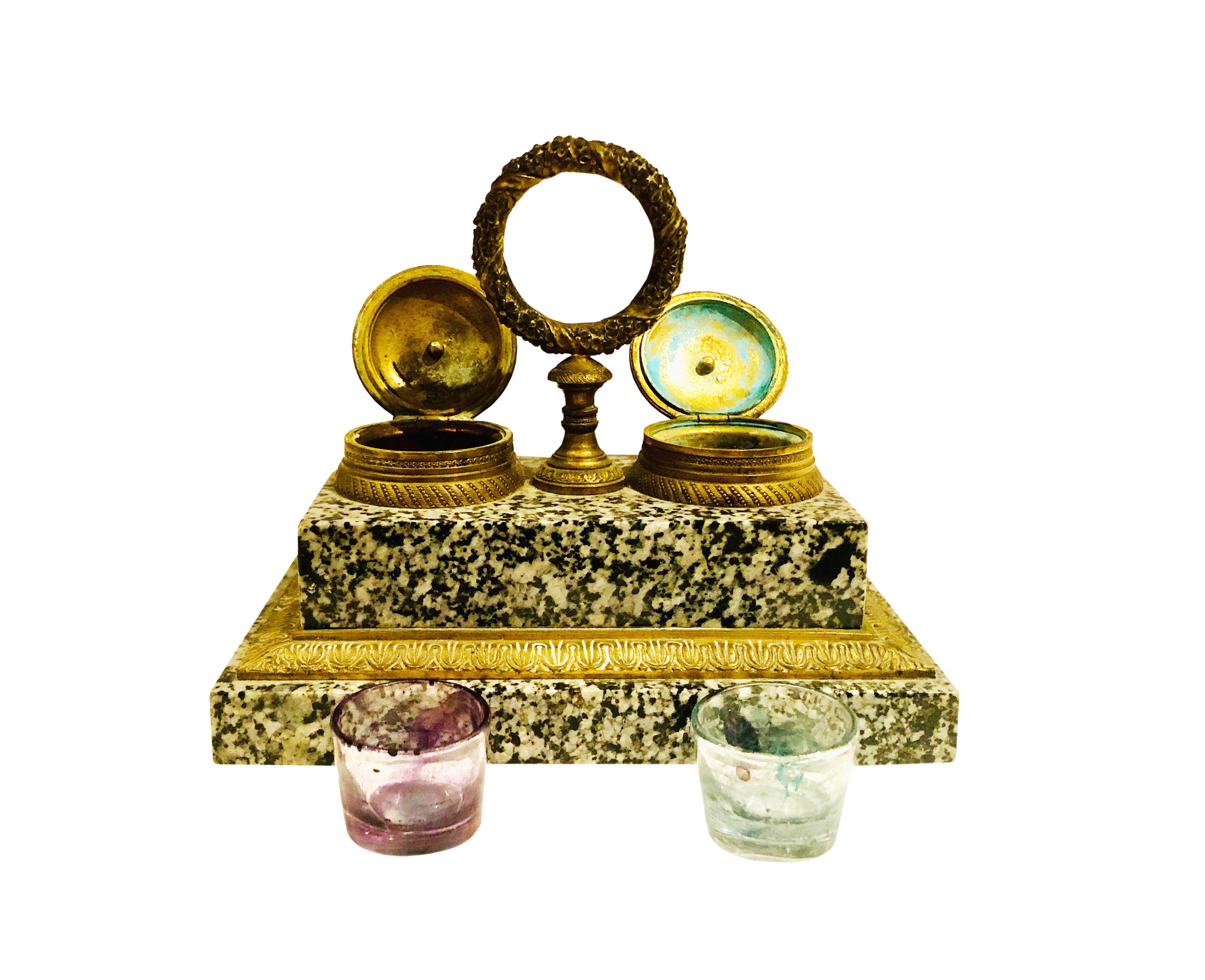 19th Century French Doré Bronze and Marble Inkwell In Good Condition For Sale In Tampa, FL