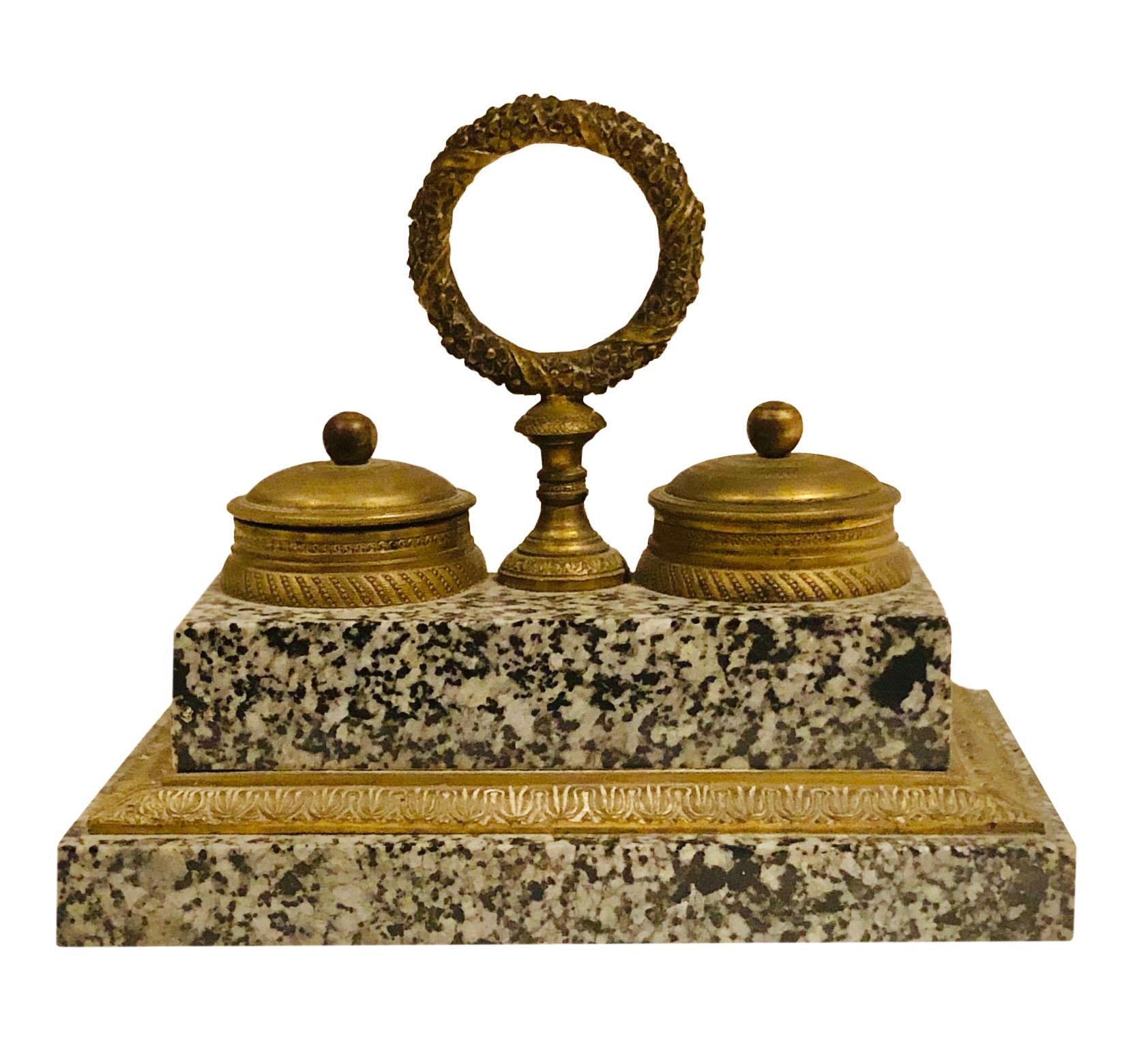 19th Century French Doré Bronze and Marble Inkwell For Sale 1