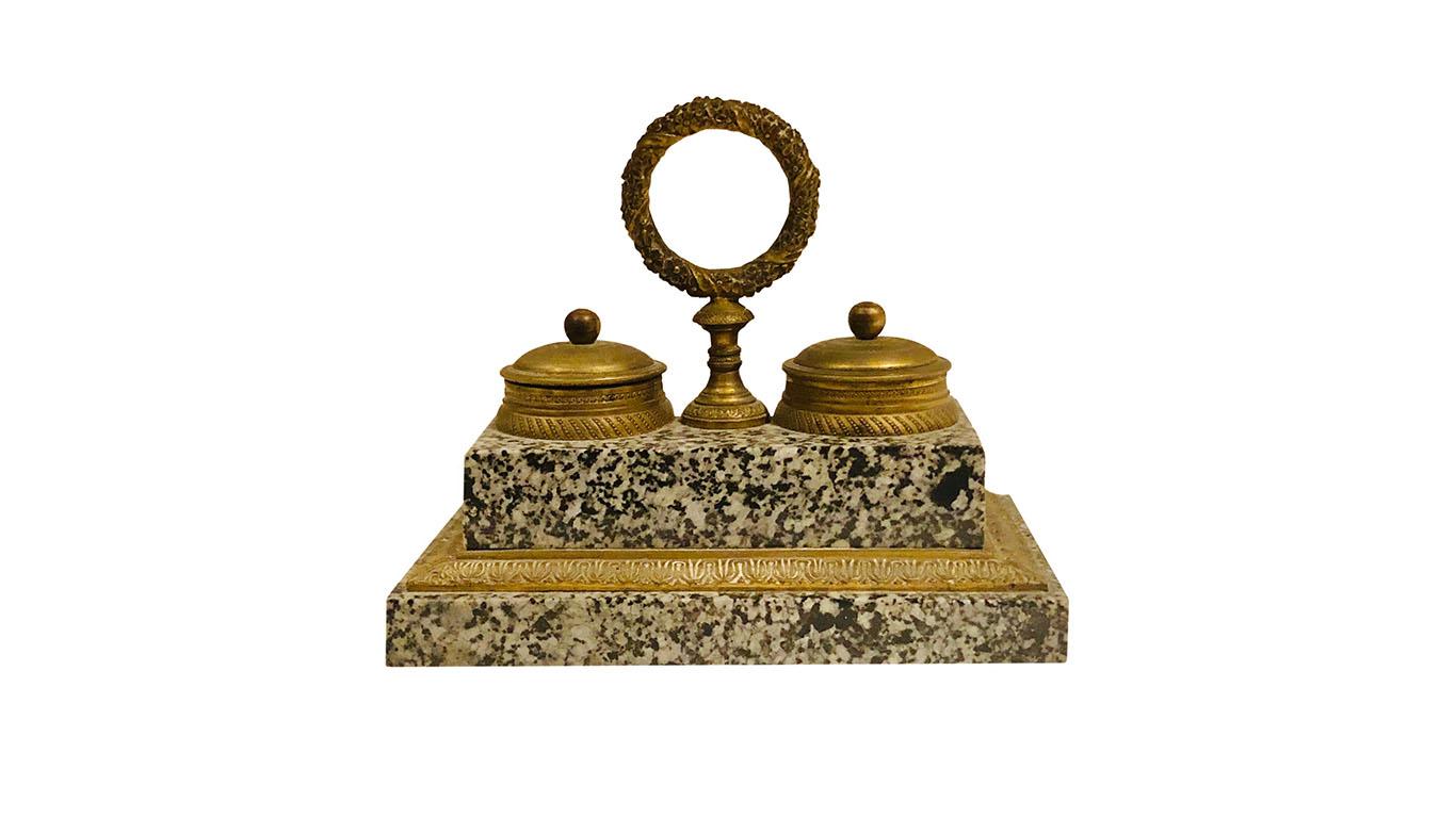 19th Century French Doré Bronze and Marble Inkwell For Sale 3