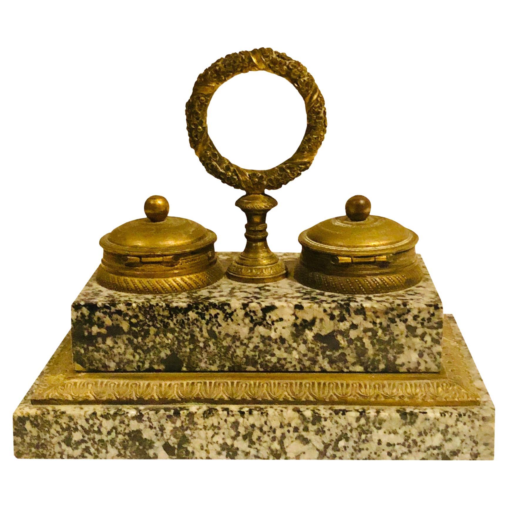 19th Century French Doré Bronze and Marble Inkwell