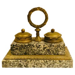 Antique 19th Century French Doré Bronze and Marble Inkwell
