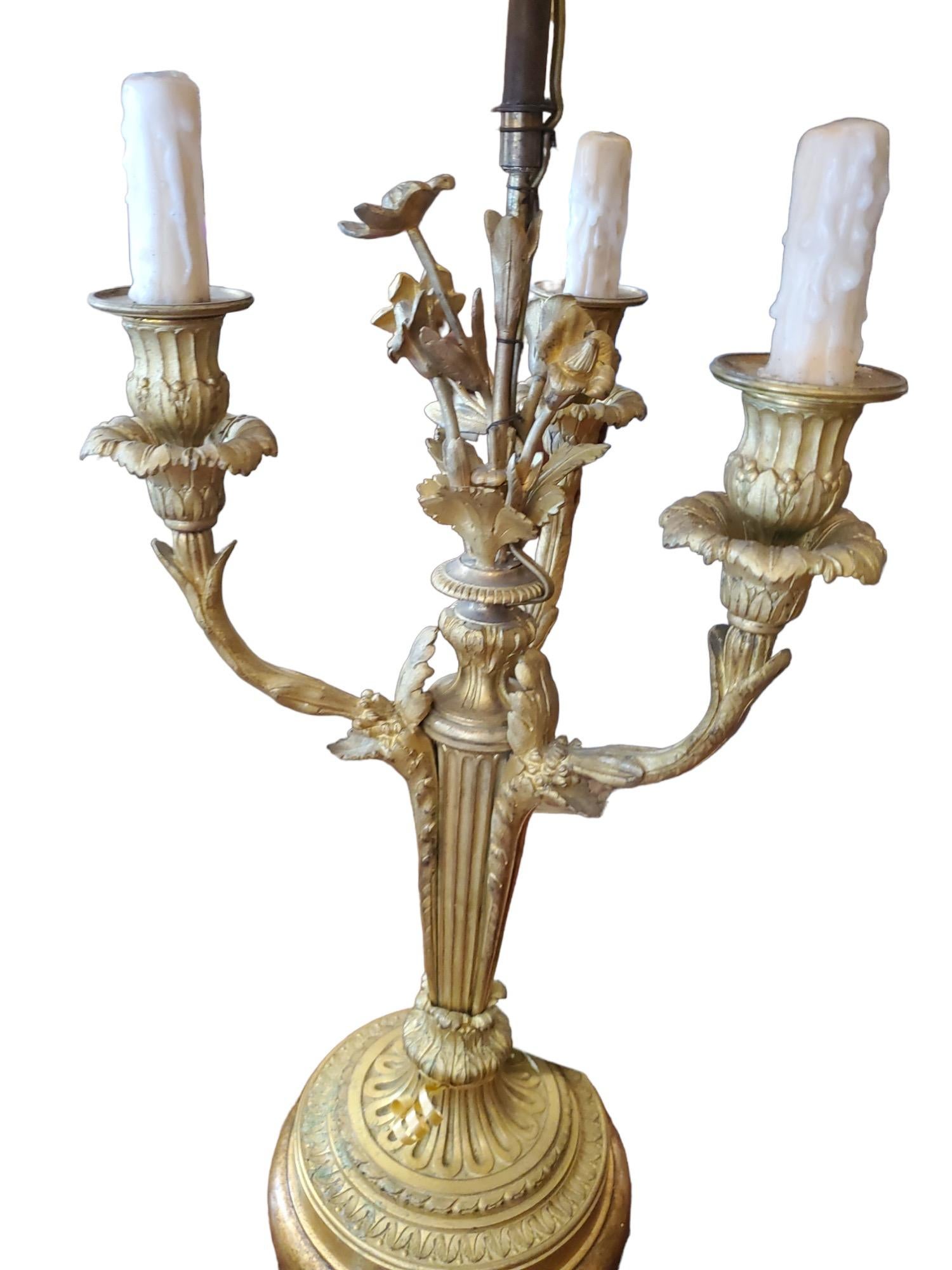 Cast 19th Century French Dore Bronze Candlestick Lamps For Sale