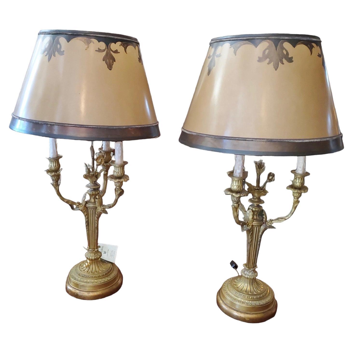 19th Century French Dore Bronze Candlestick Lamps For Sale