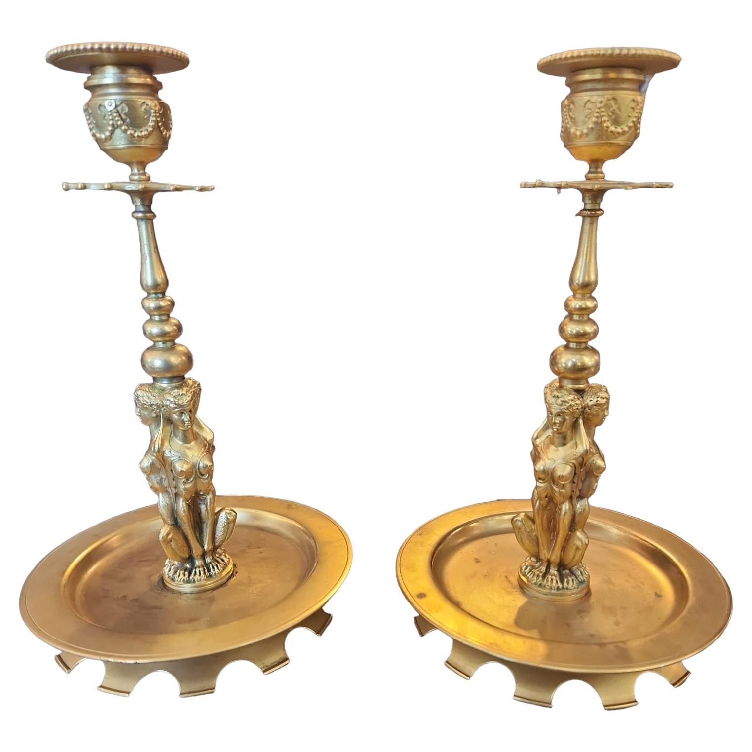 19th Century French Dore Bronze Candlesticks For Sale