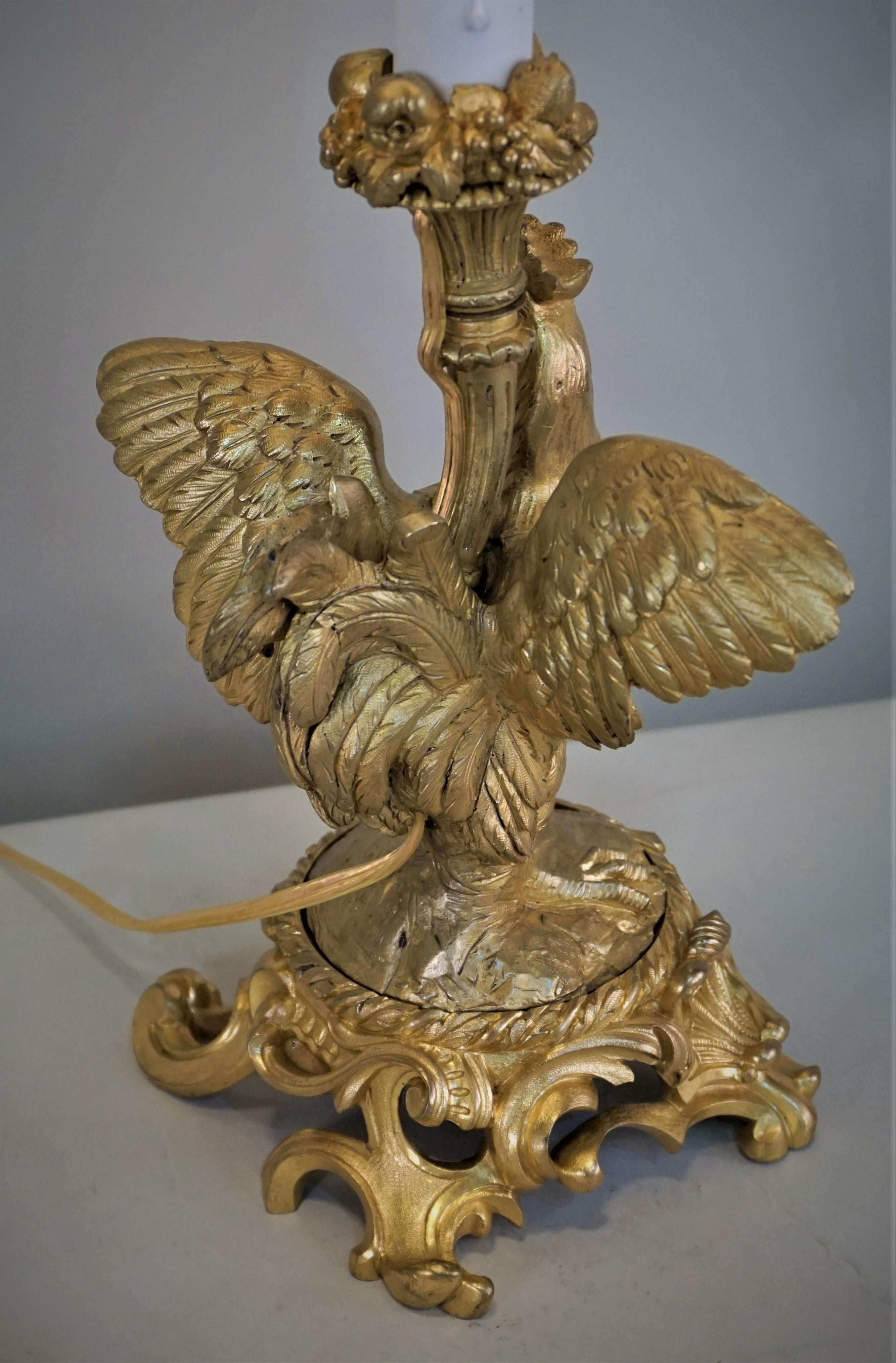 Gold Plate 19th Century French Dore Bronze Roster Table Lamp