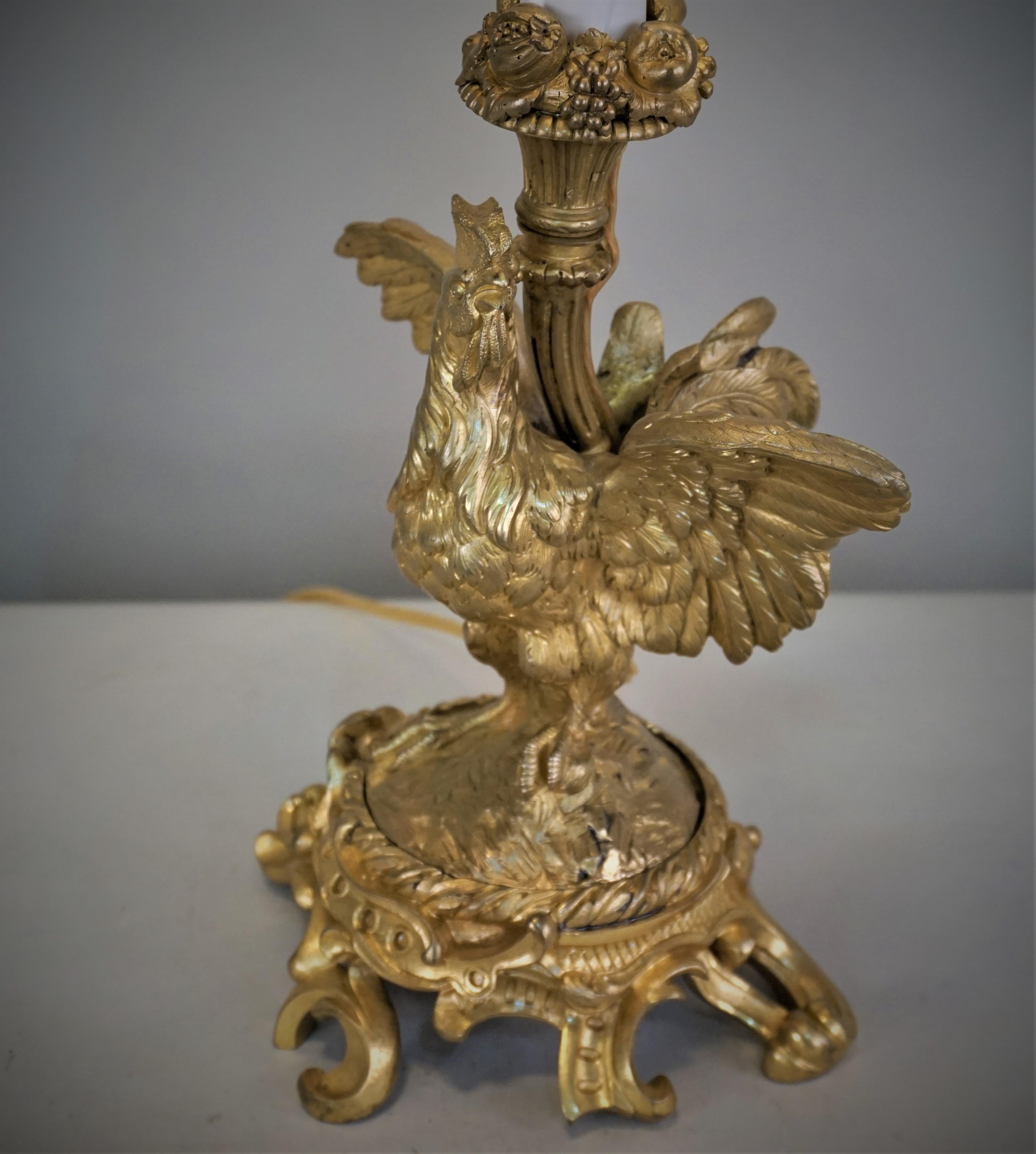 19th Century French Dore Bronze Roster Table Lamp 3