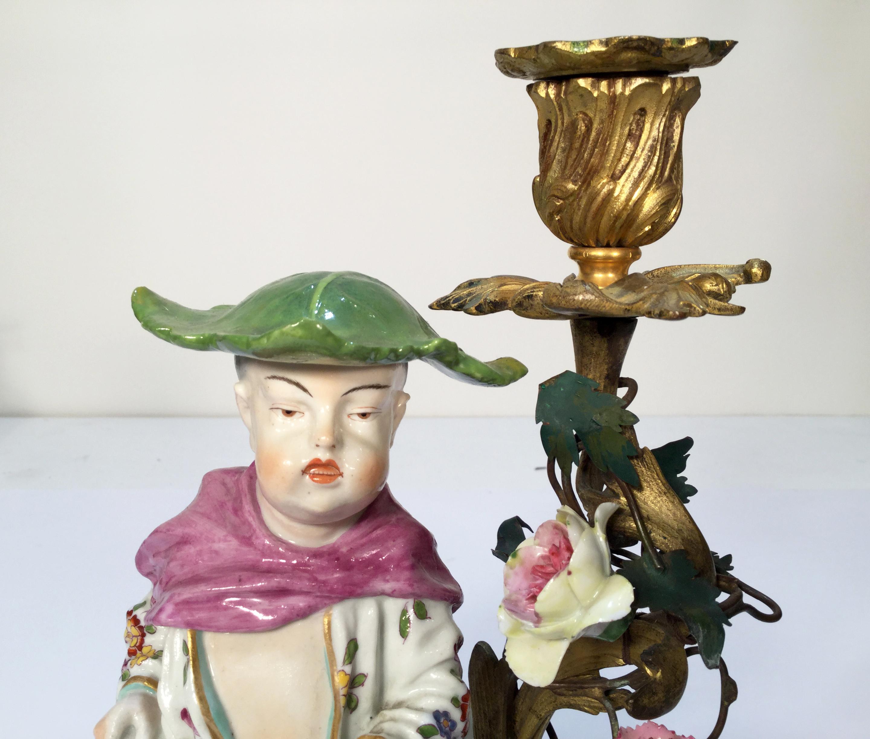 19th Century French Doré Bronze Candlesticks with Porcelain Chinoiserie Figures 6