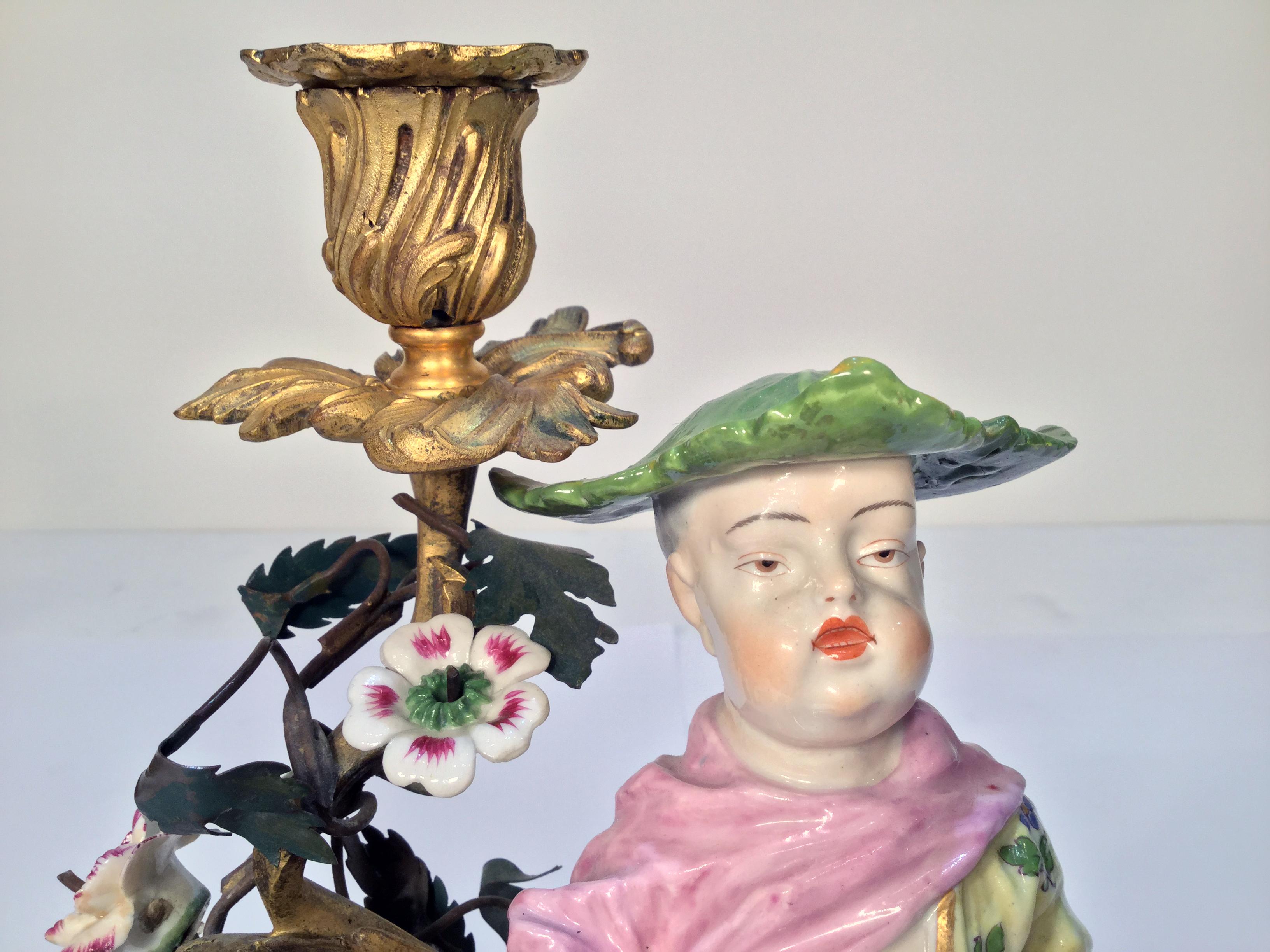 Louis XV 19th Century French Doré Bronze Candlesticks with Porcelain Chinoiserie Figures