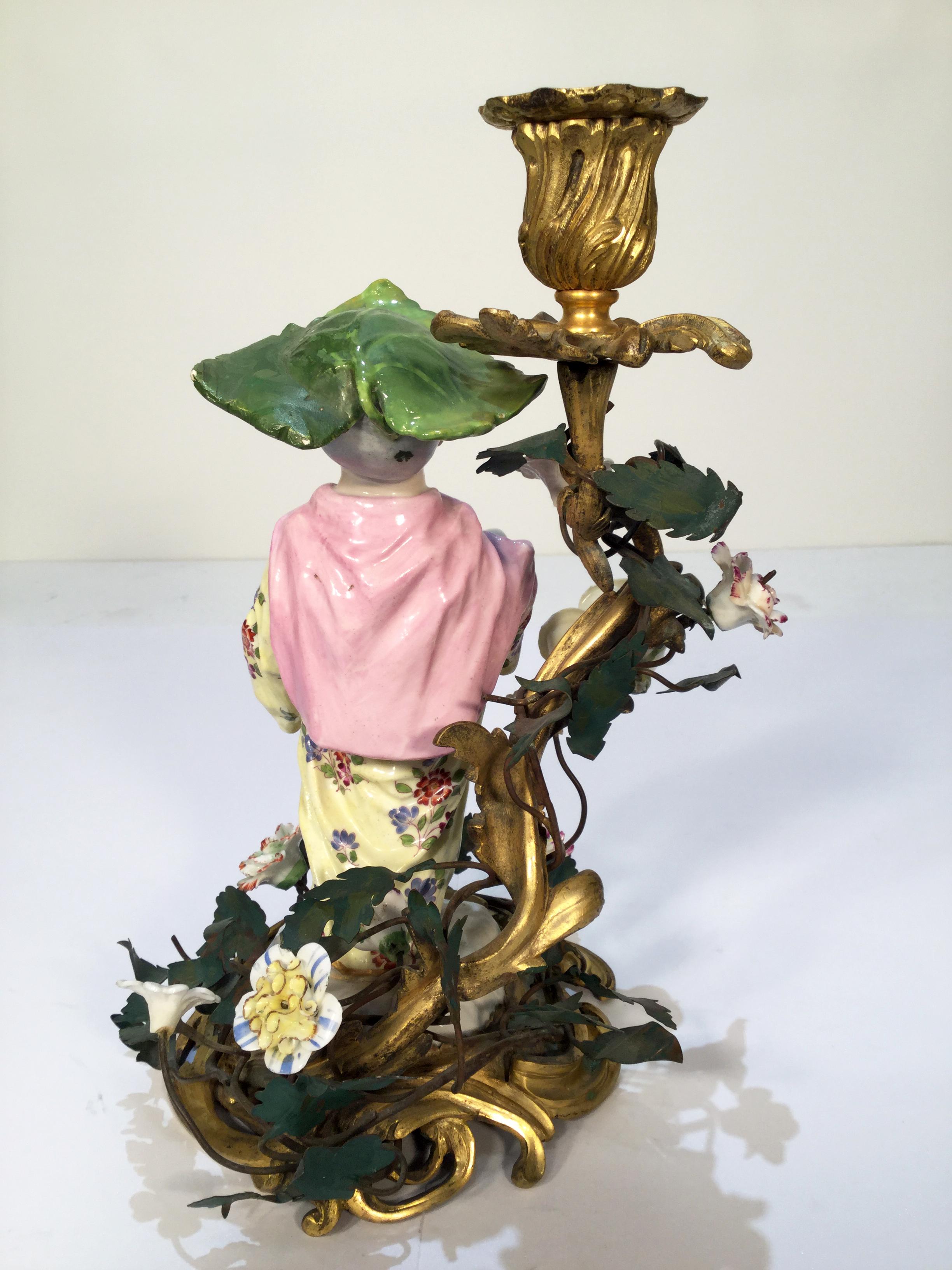 19th Century French Doré Bronze Candlesticks with Porcelain Chinoiserie Figures In Good Condition In Charleston, SC