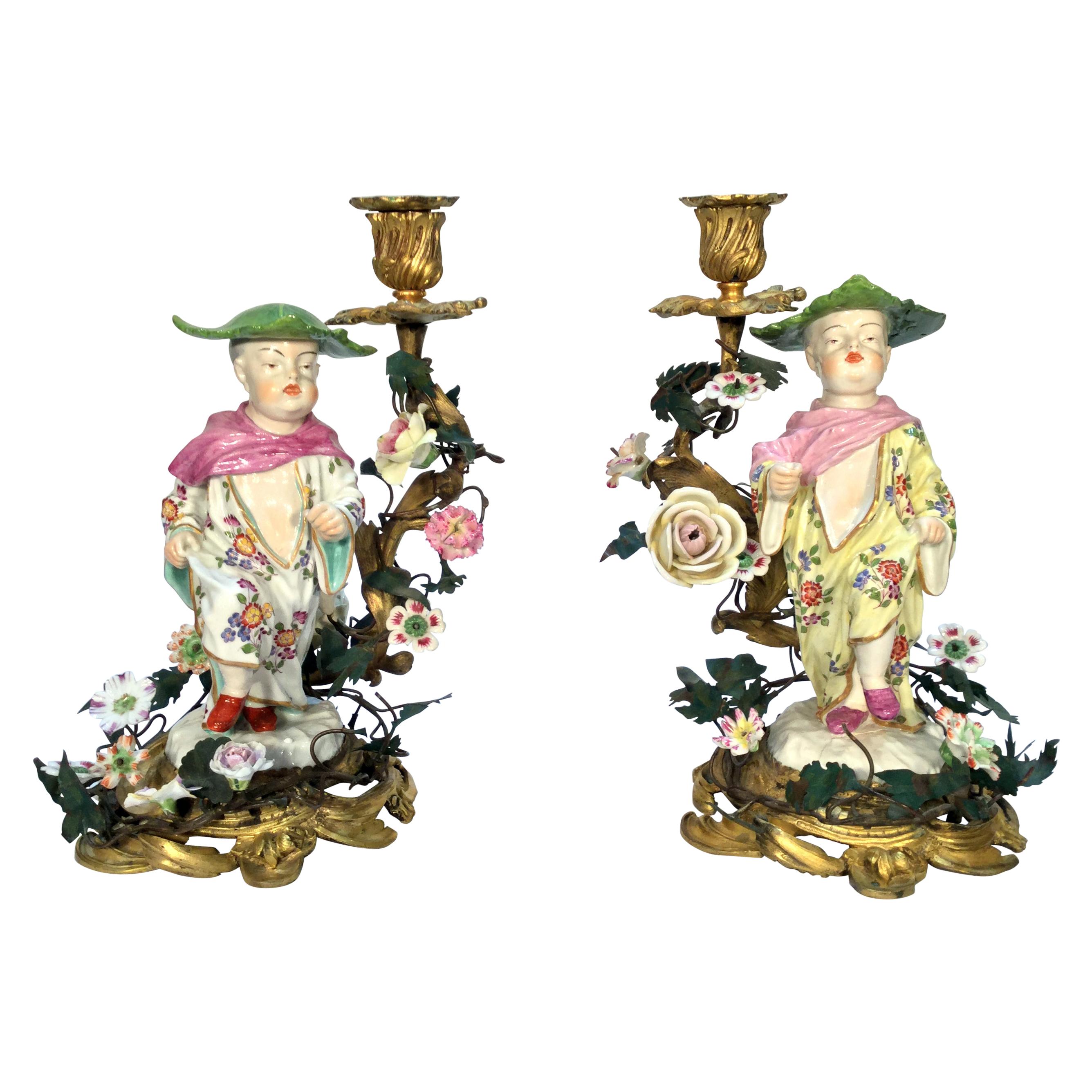 19th Century French Doré Bronze Candlesticks with Porcelain Chinoiserie Figures