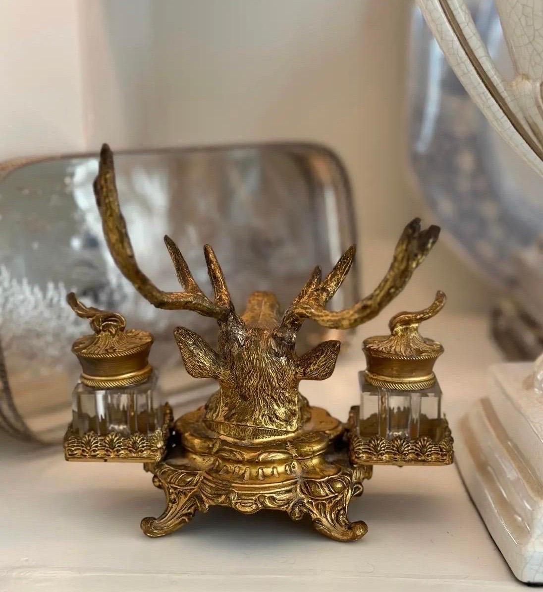 19th Century French Dore Gilt Gold Metal Double Inkwell Set For Sale 2
