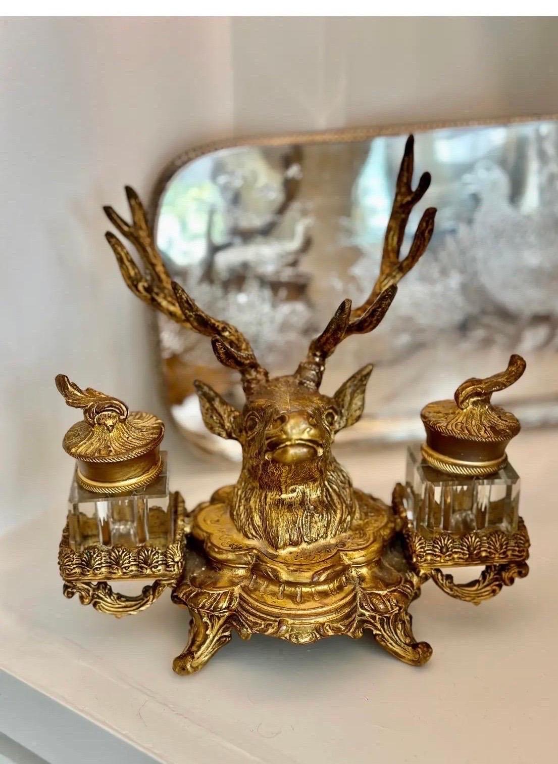 19th Century French Dore Gilt Gold Metal Double Inkwell Set For Sale 3