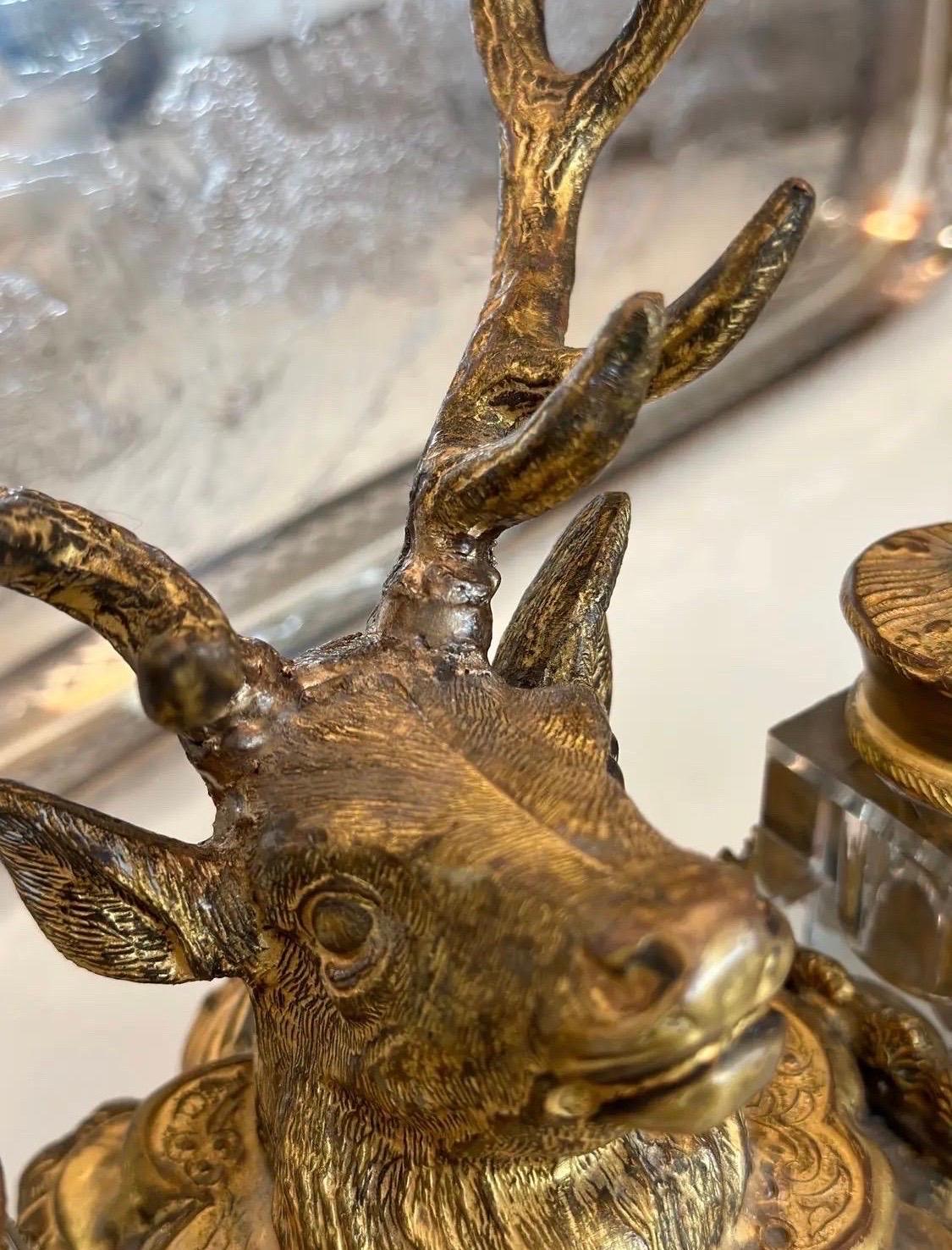 Victorian 19th Century French Dore Gilt Gold Metal Double Inkwell Set For Sale