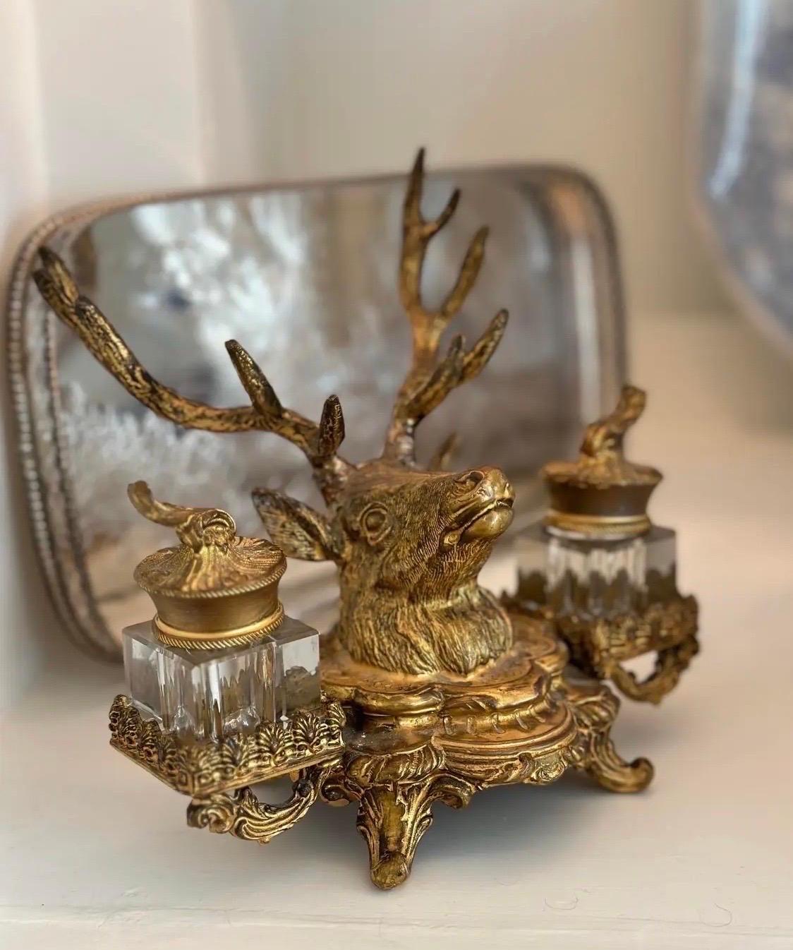 English 19th Century French Dore Gilt Gold Metal Double Inkwell Set For Sale