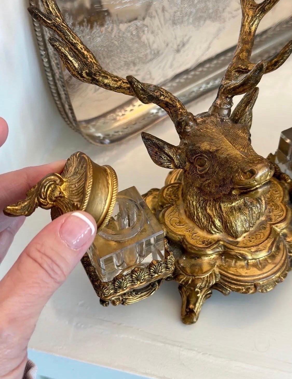 Cast 19th Century French Dore Gilt Gold Metal Double Inkwell Set For Sale