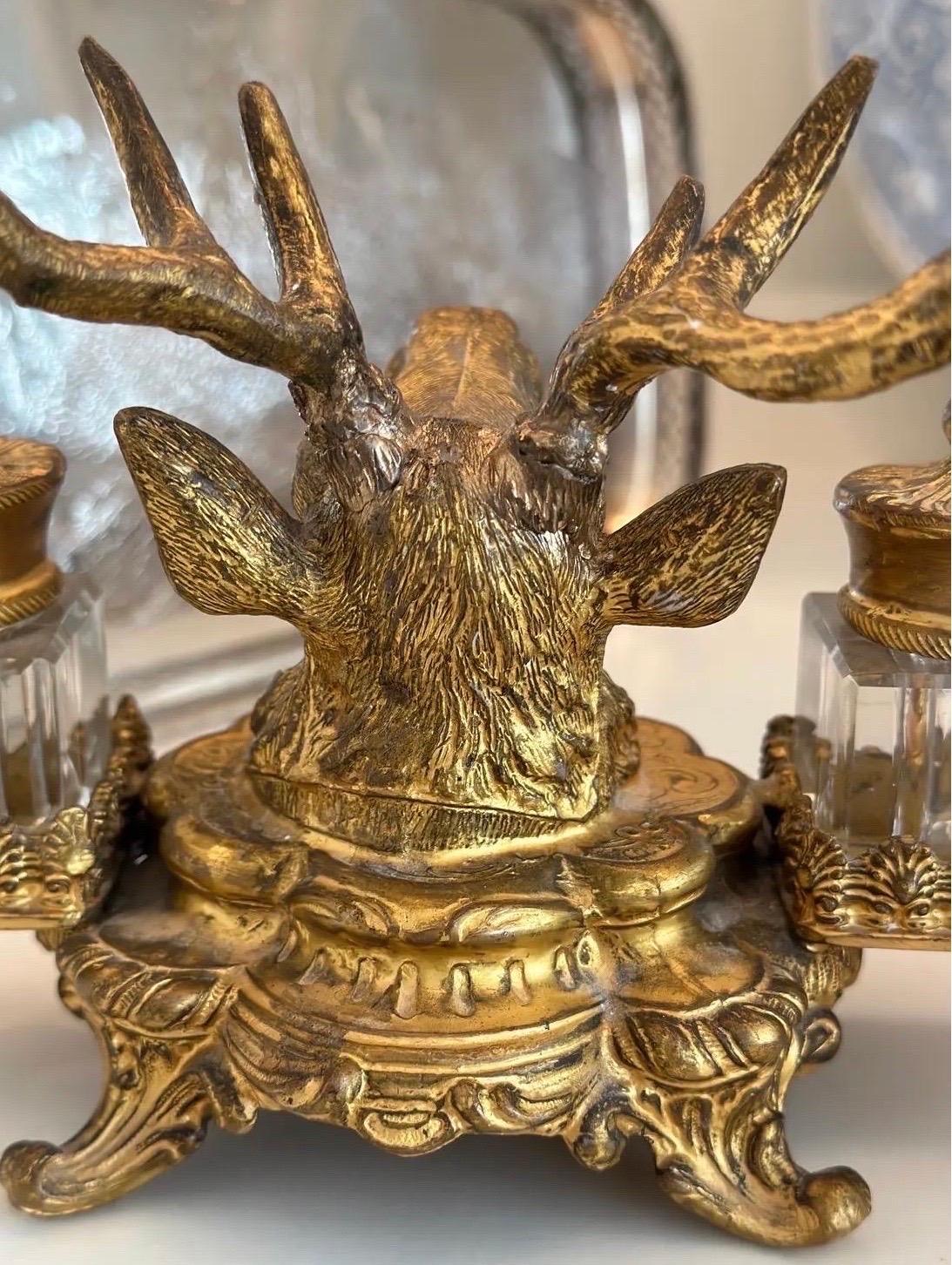 Late 19th Century 19th Century French Dore Gilt Gold Metal Double Inkwell Set For Sale