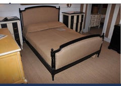 19th Century French Double Bed in Black Lacquered Wood and Jute from 1890s