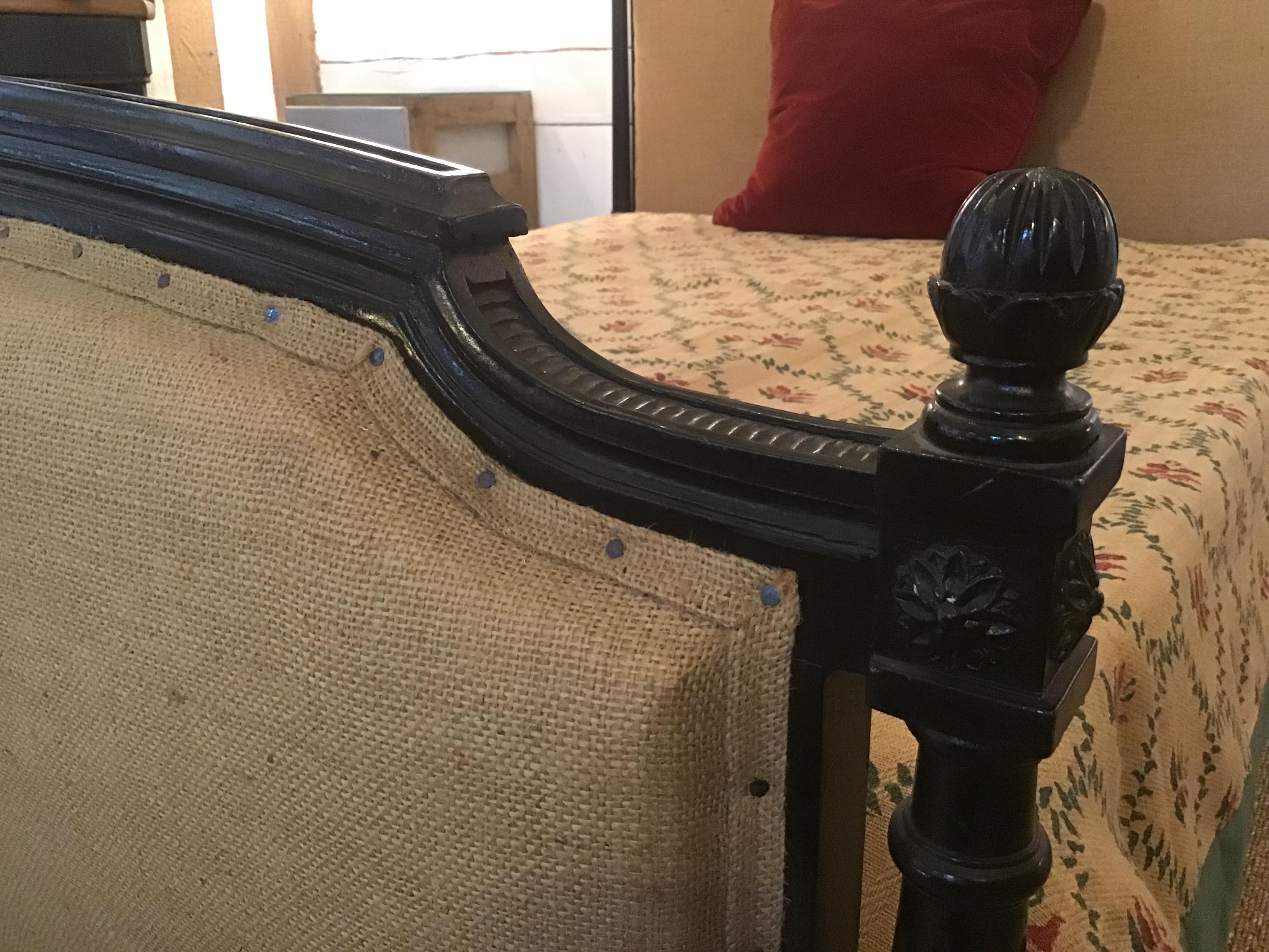19th Century French Double Bed in Black Lacquered Wood and Jute from 1890s (Spätes 19. Jahrhundert)