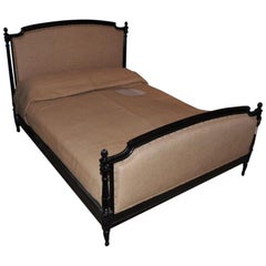 19th Century French Double Bed in Black Lacquered Wood and Jute from 1890s