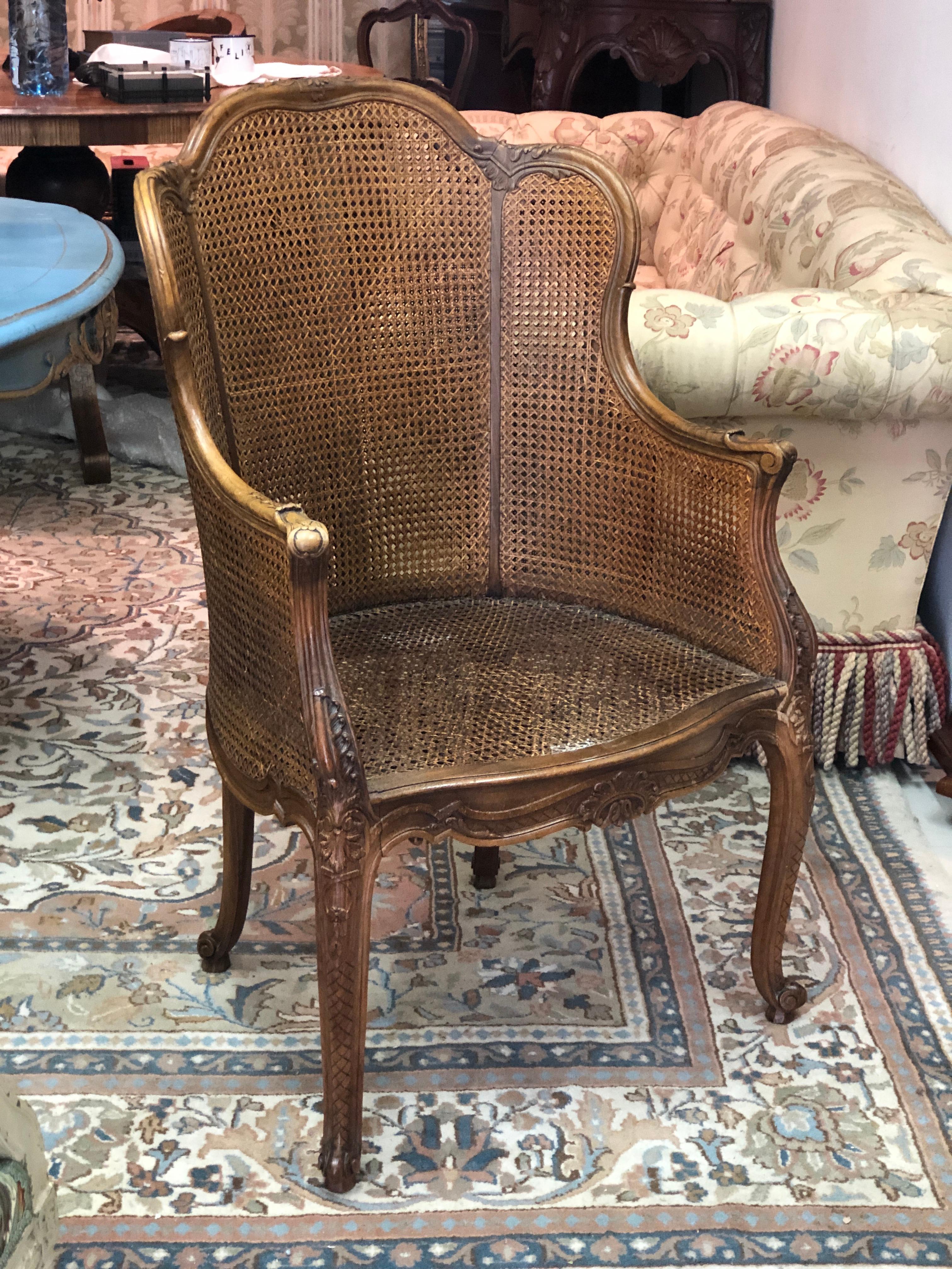 French Louis XV style (19th century) double caned panel hand carved walnut bergère armchair in very good condition.
Very elegant and comfortable piece which could be an accent in any type of interior.
France, circa 1870.