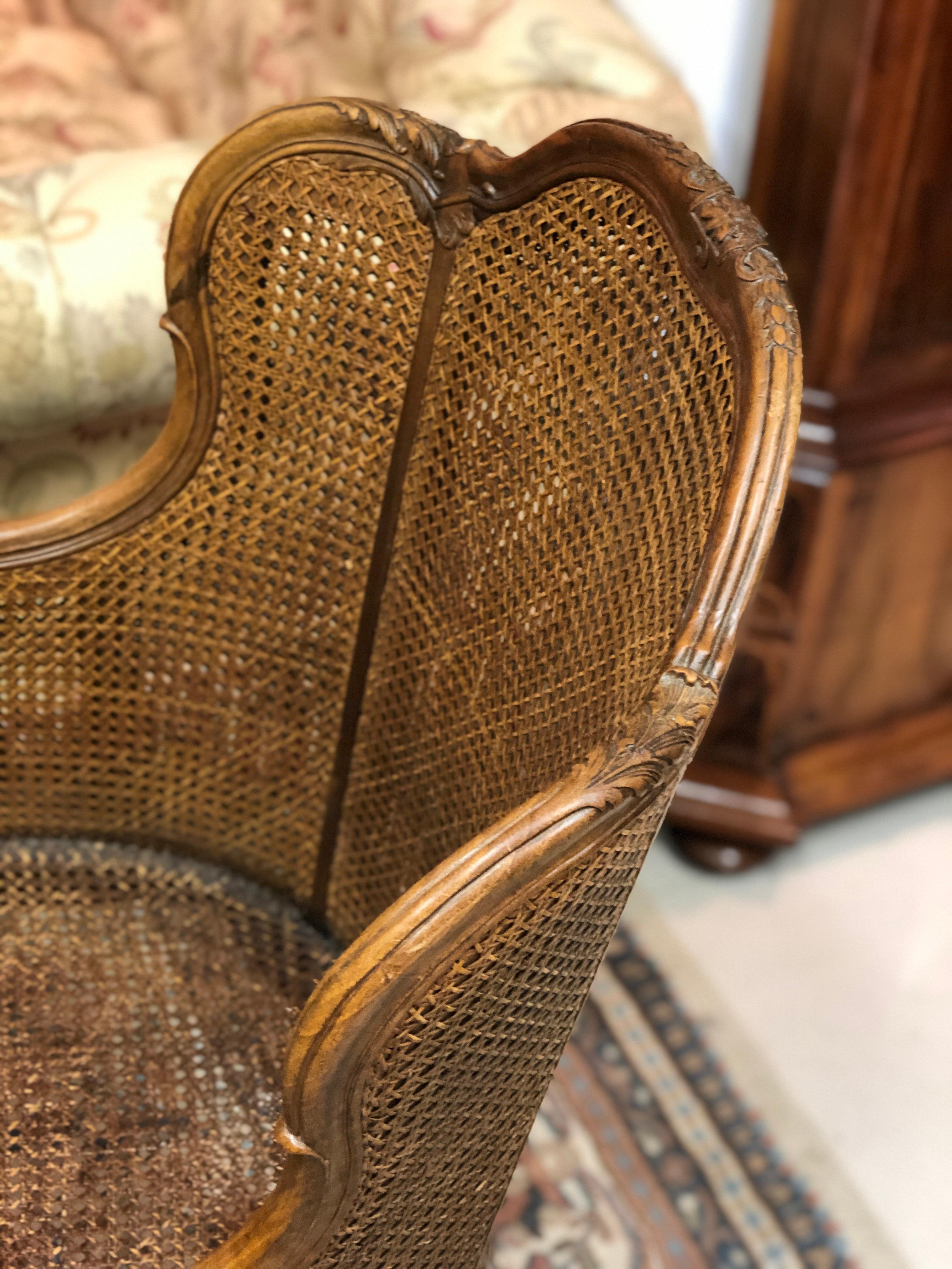 Hand-Carved 19th Century French Double Caning Bergère Armchair in Louis XV Style