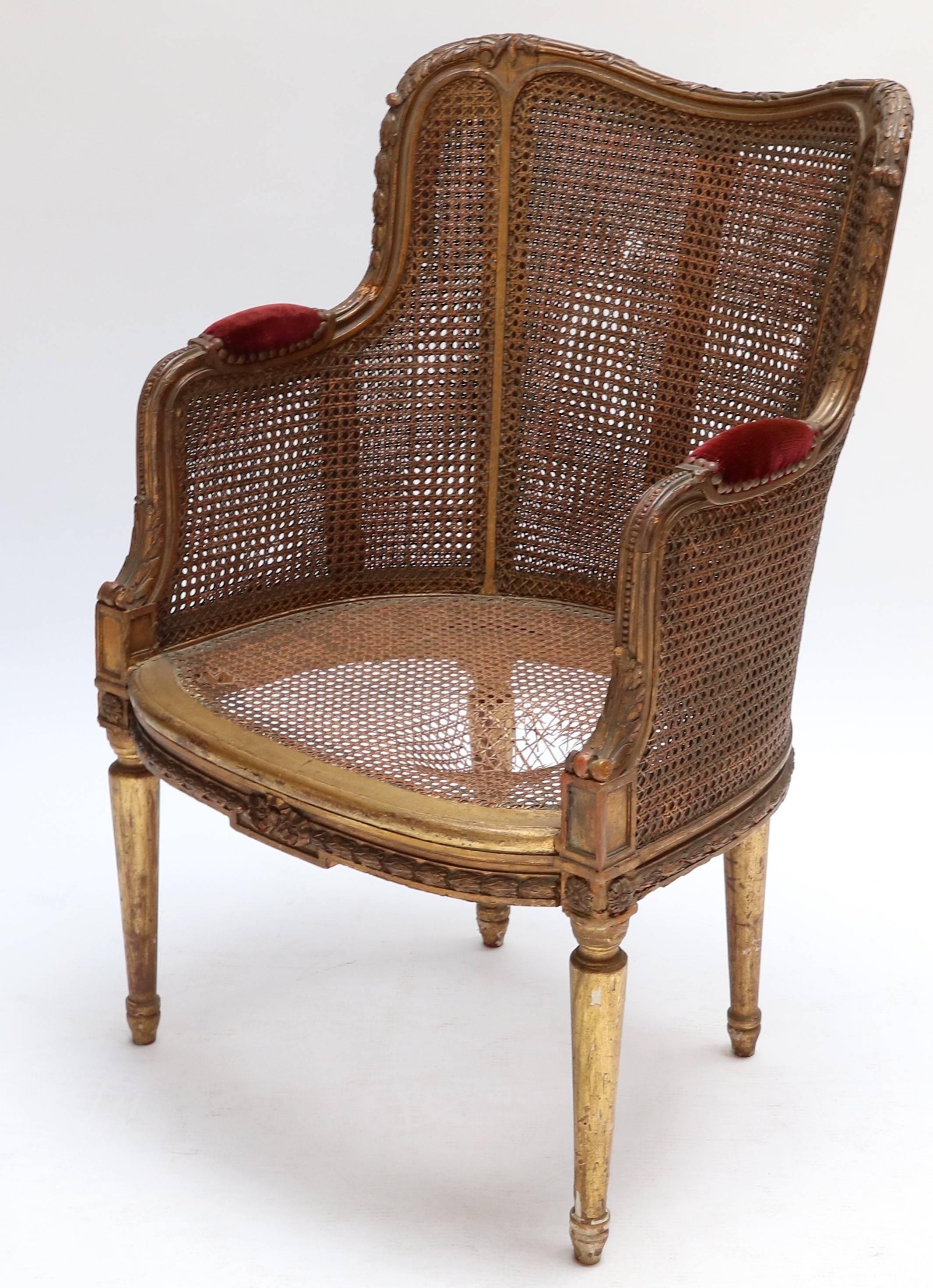 19th century French double caning gilded chair with velvet armrests.

