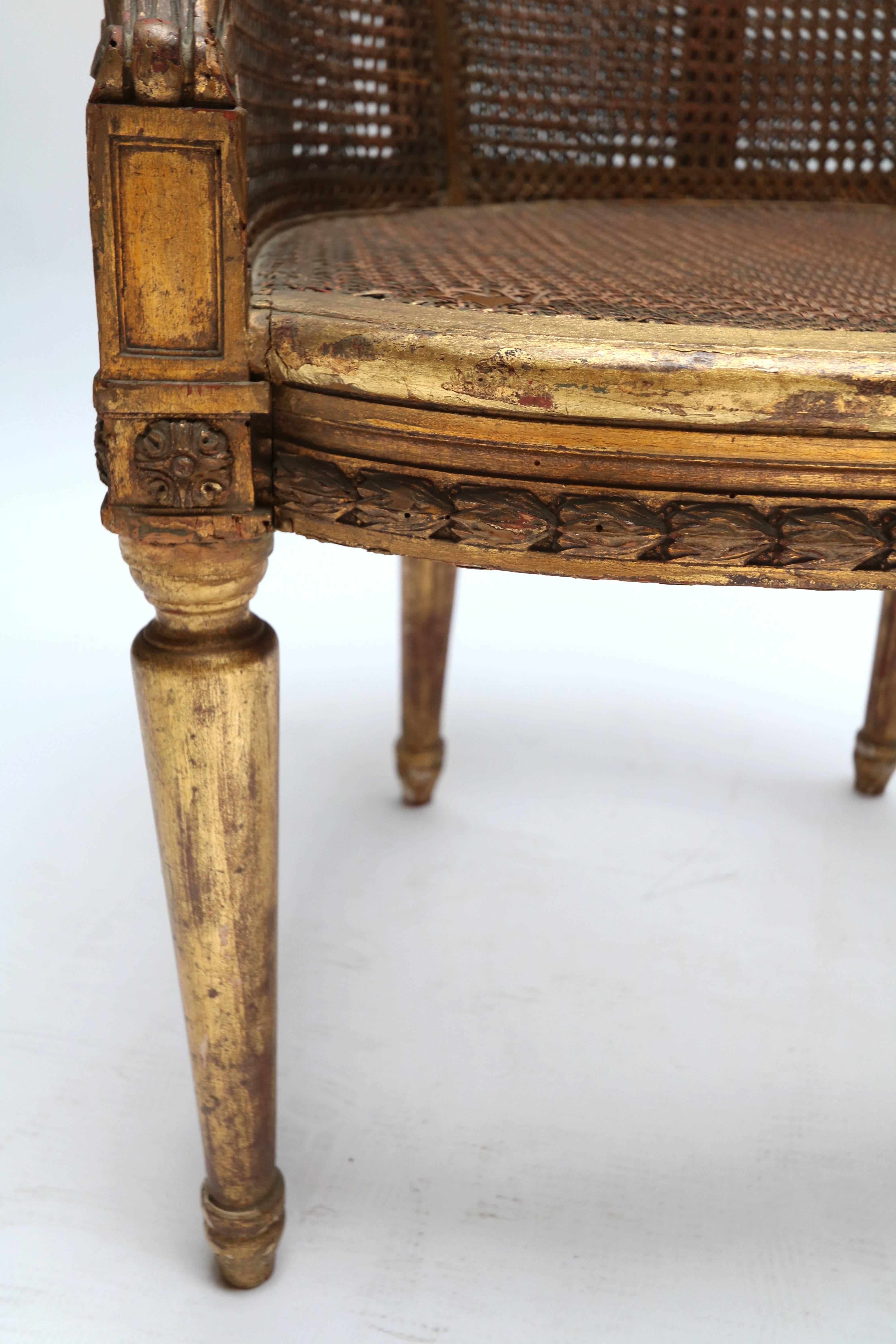 Velvet 19th Century French Double Caning Gilded Chair For Sale