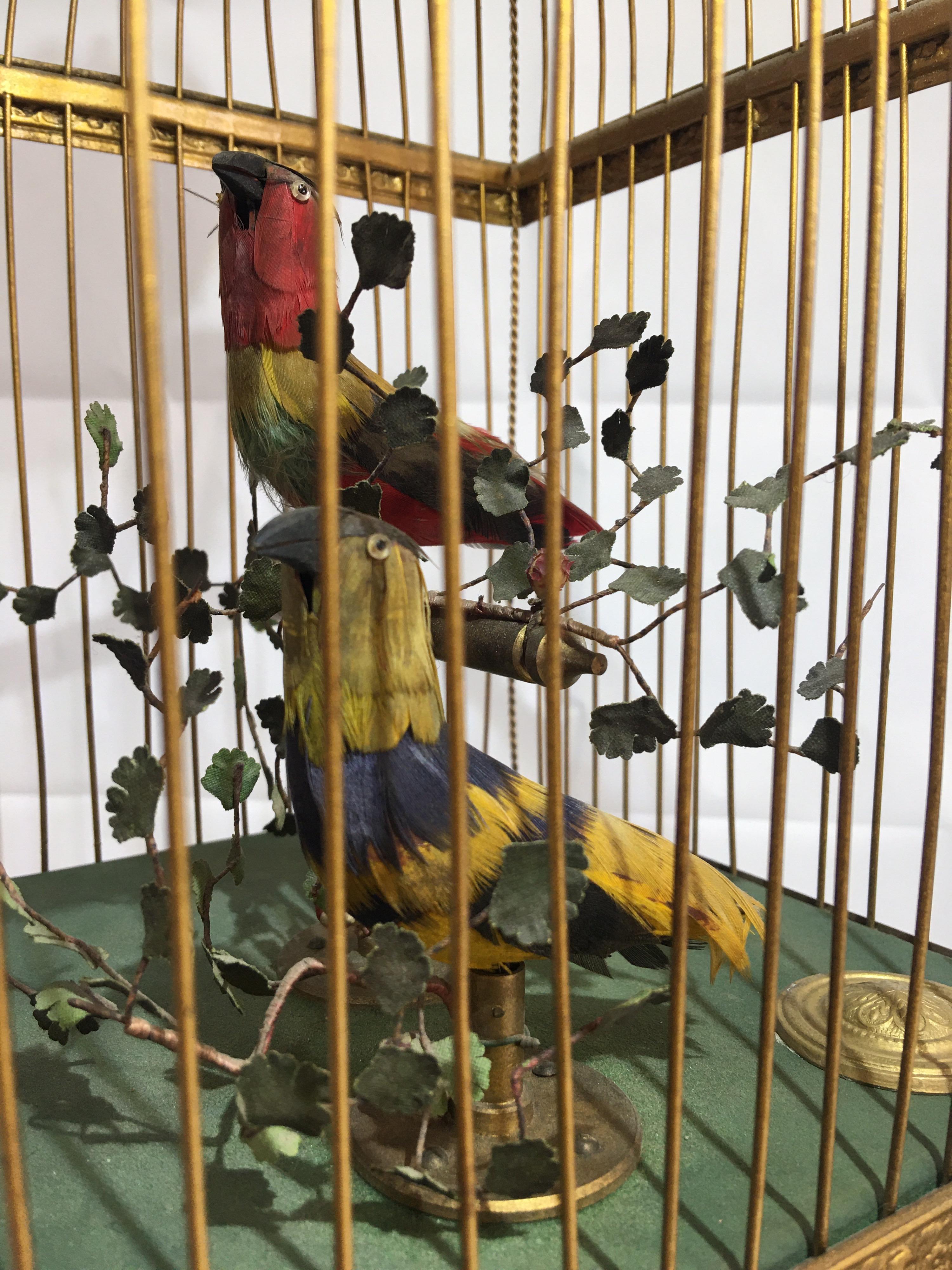 Gilt 19th Century French Double Singing Birds Automation in Cage For Sale