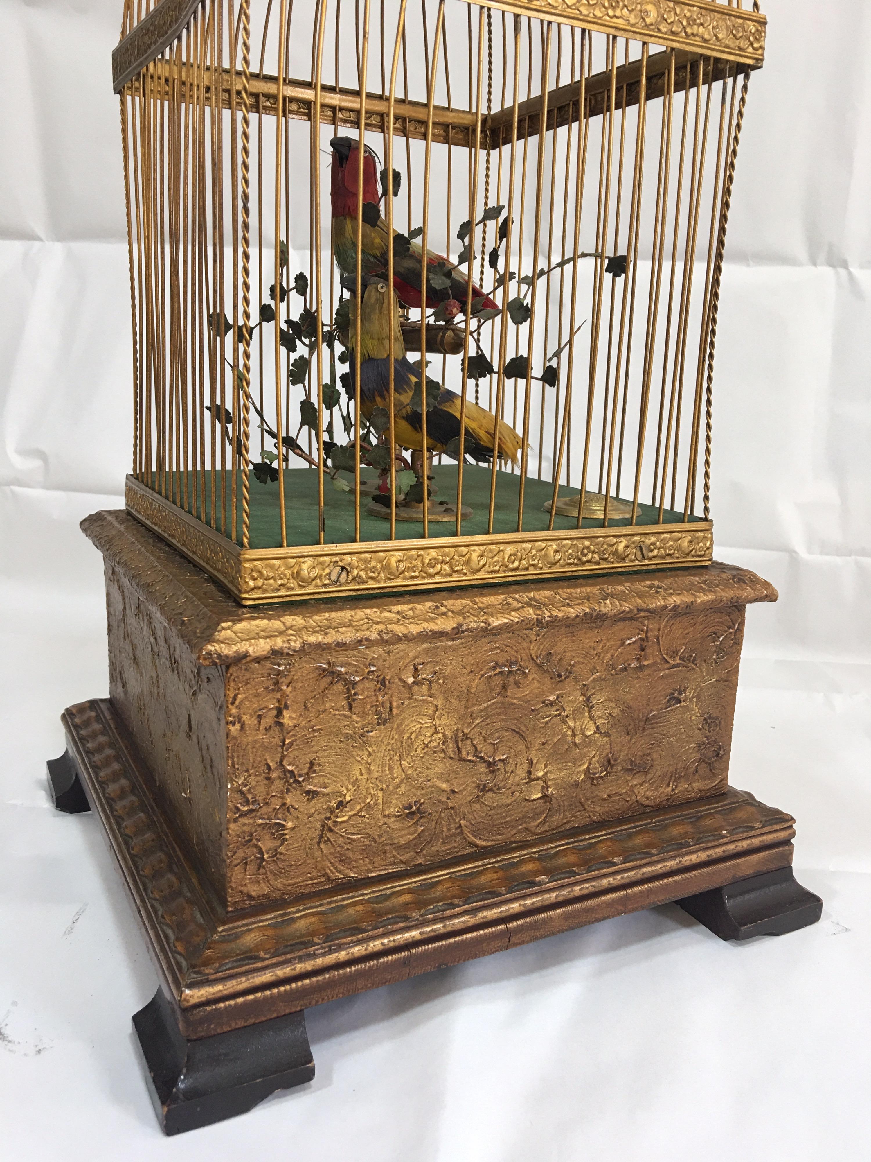 Brass 19th Century French Double Singing Birds Automation in Cage For Sale