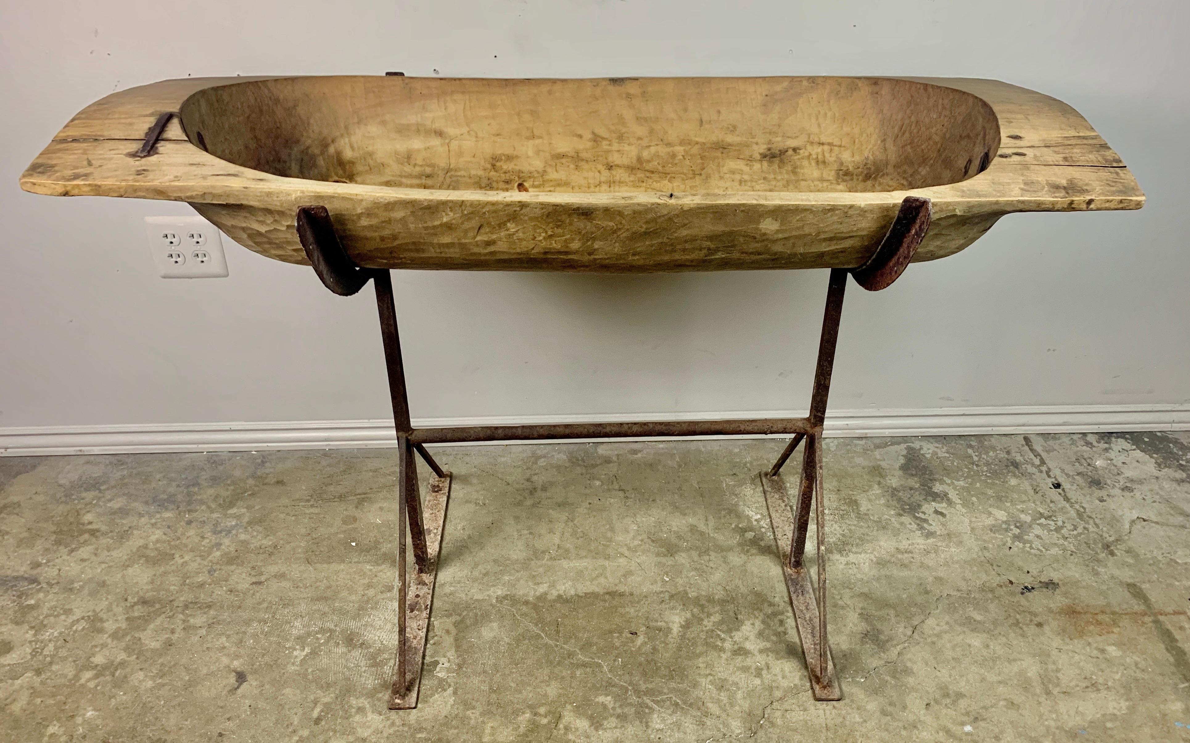 19th Century French Dough Bowl on Iron Base In Distressed Condition In Los Angeles, CA