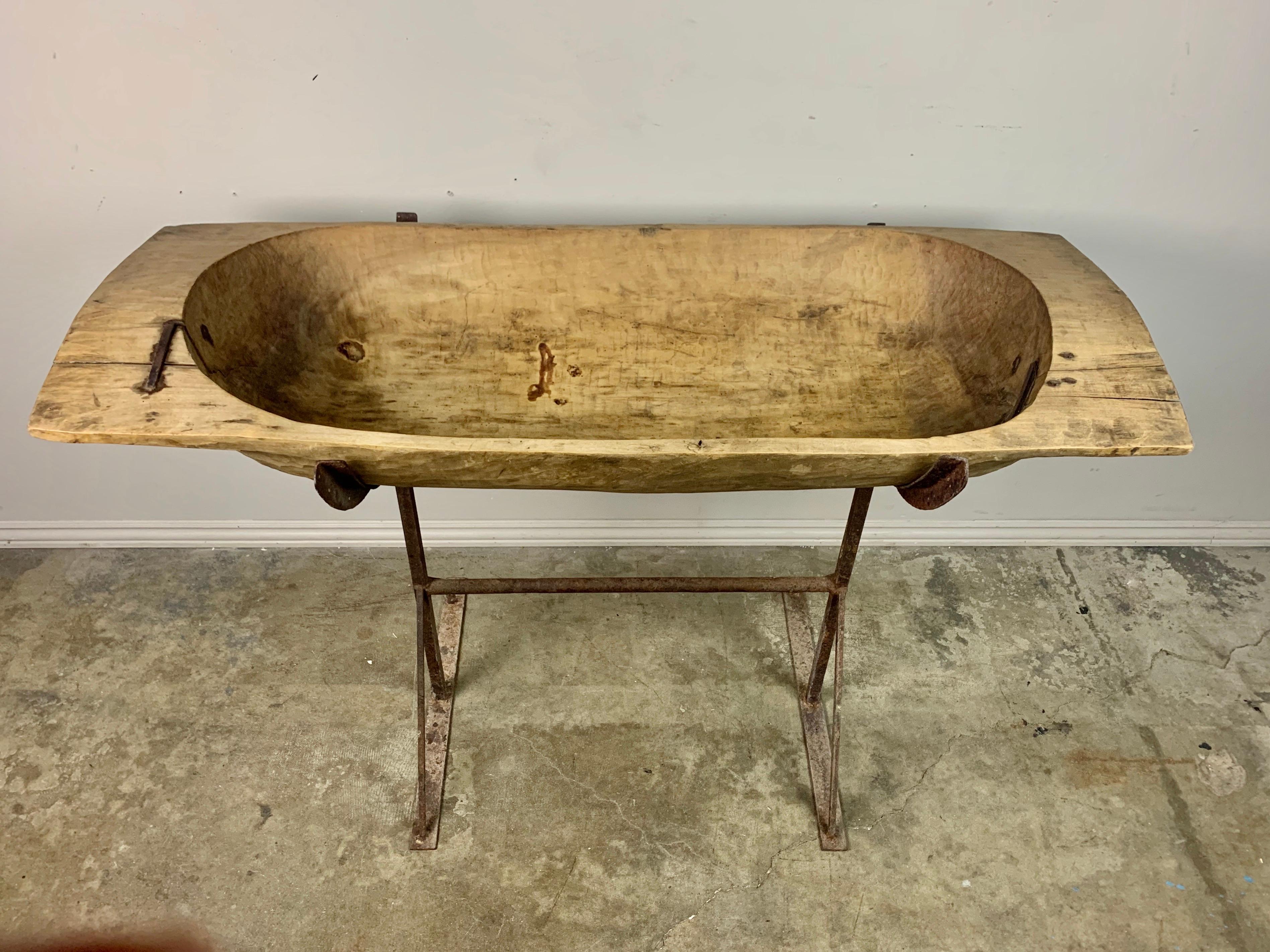 Hand-Carved 19th Century French Dough Bowl on Iron Base