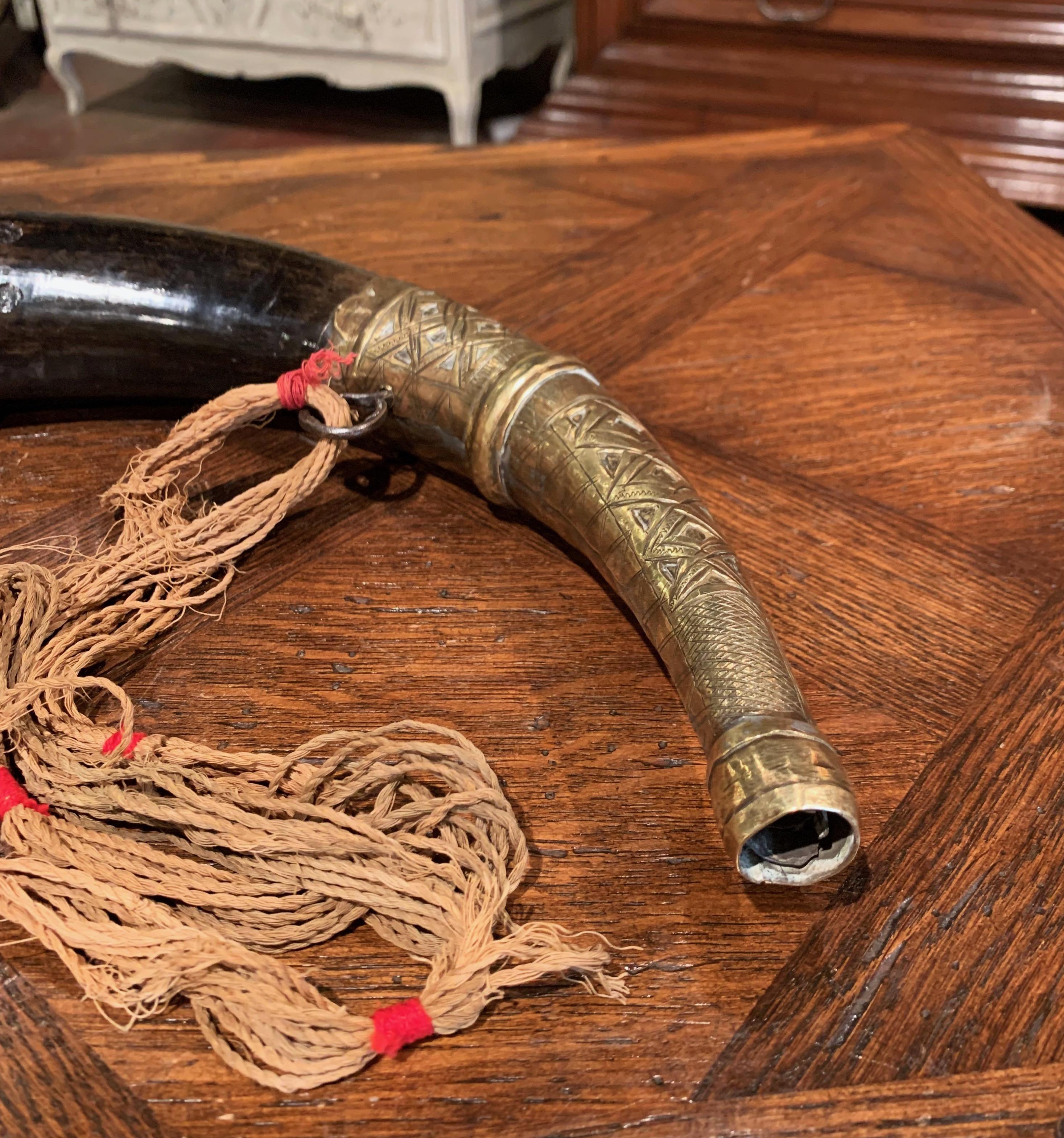 Hand-Crafted 19th Century French Drinking Horn with Copper Embellishments For Sale
