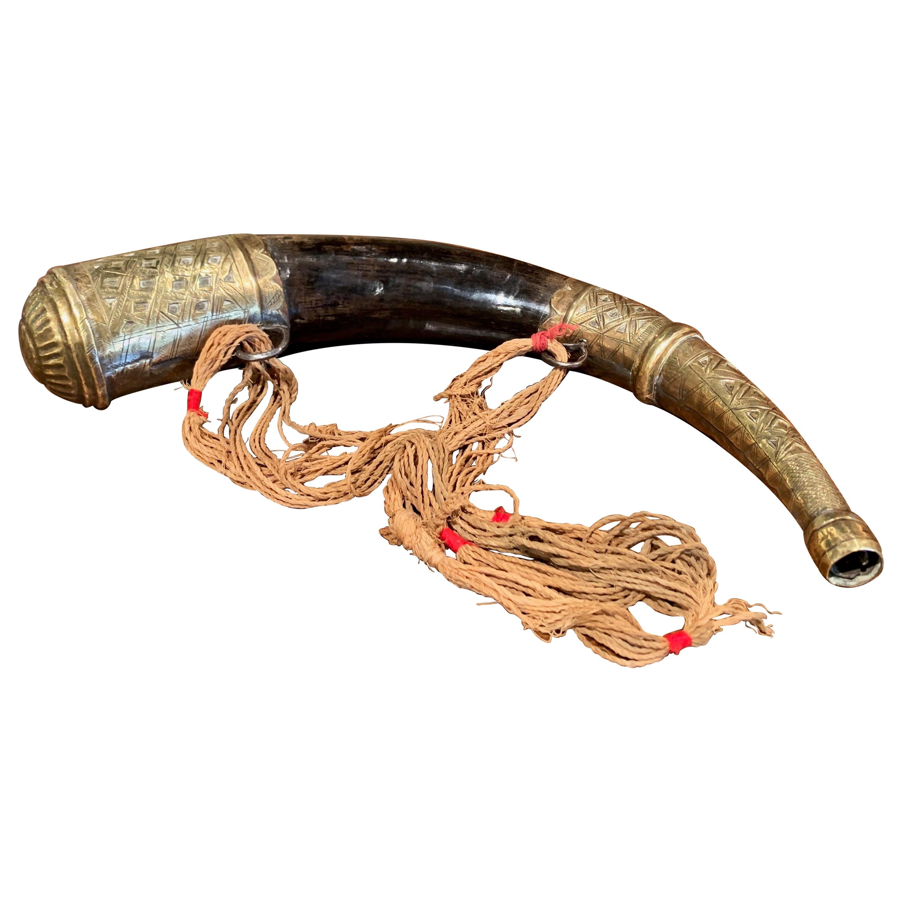 19th Century French Drinking Horn with Copper Embellishments