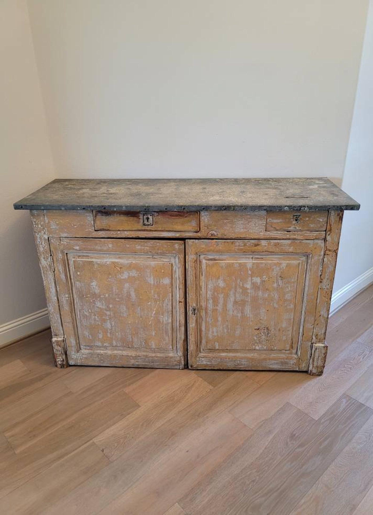 Galvanized 19th Century French Early Mercantile Industrial General Store Counter For Sale