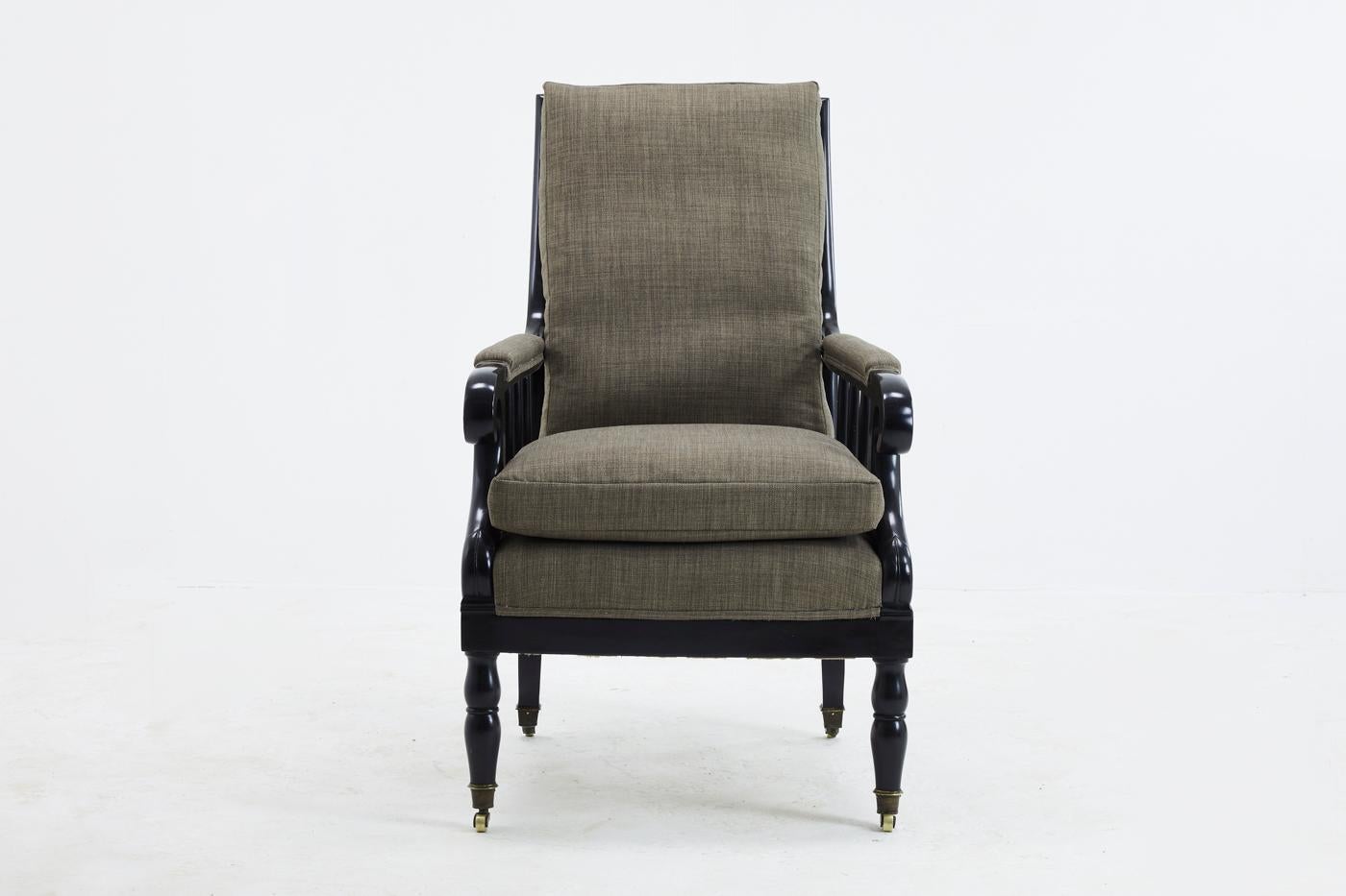 Wood 19th Century French Ebonised Armchair in Grey Linen