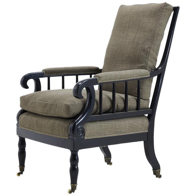 19th Century French Ebonised Armchair in Grey Linen