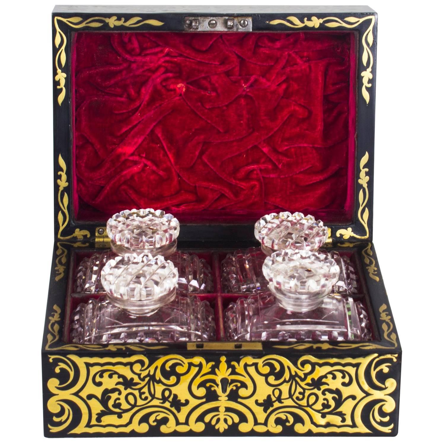 19th Century French Ebonised Cut Brass Boulle Perfume Bottle Box