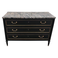 19th Century French Ebonized 3-Drawer Marble Top Commode in the Manner of Jansen