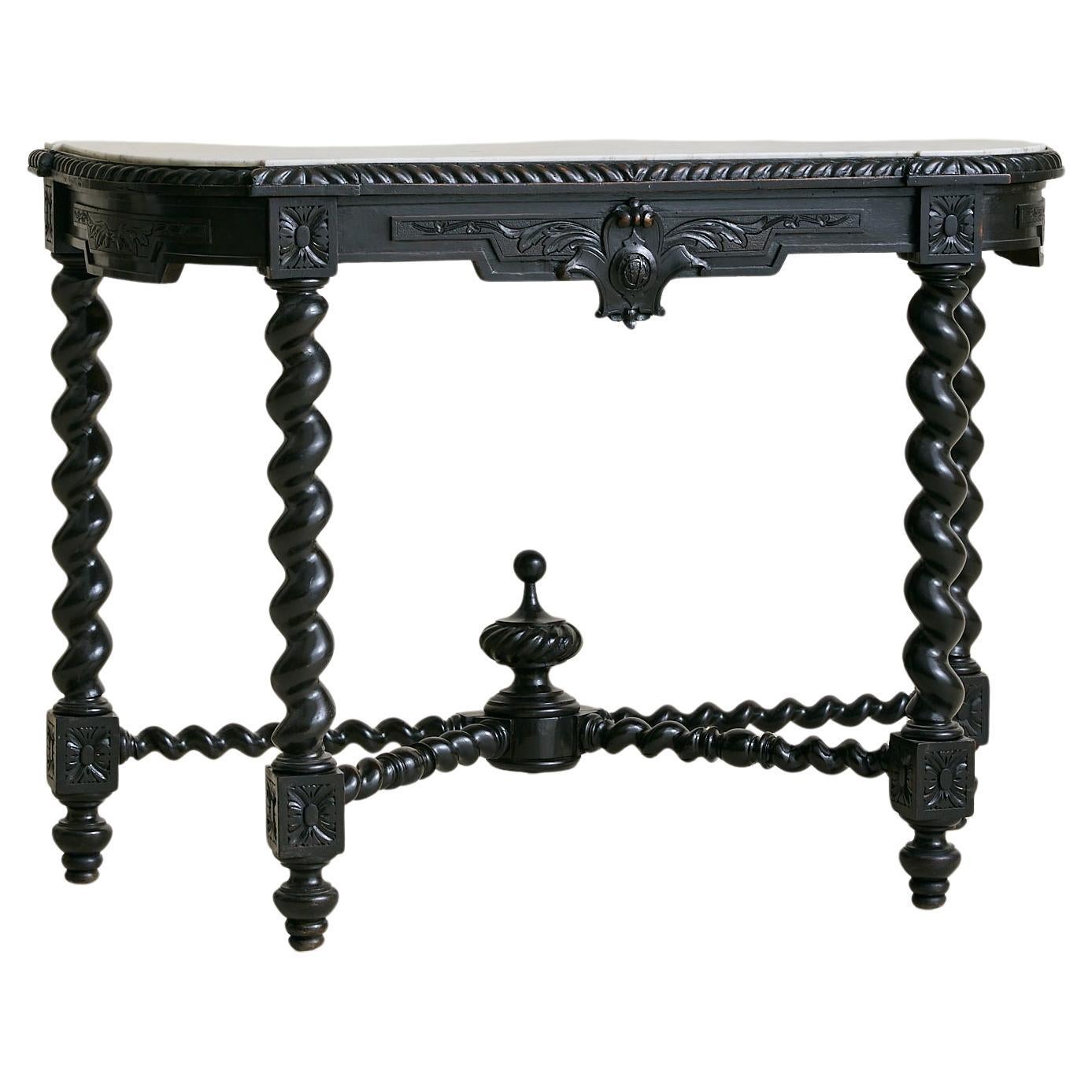 19th Century French Ebonized Wood Barley Twist Console Table with Carrara Marble For Sale