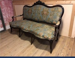 19th Century French Ebonized Wood Canapé with Original Brocade Fabric, 1890s
