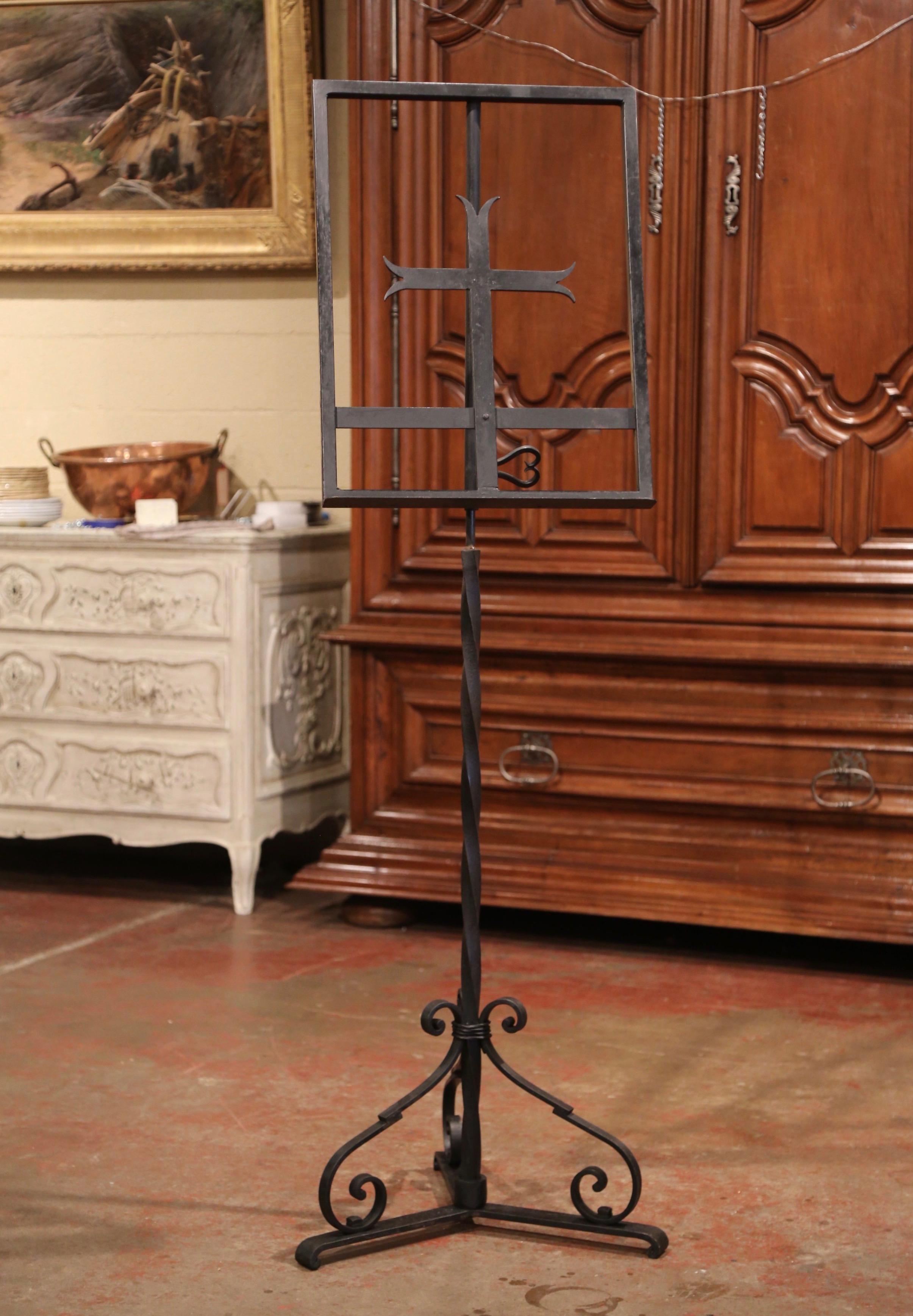 Forged 19th Century French Ecclesiastical Wrought Iron Swivel Lectern with Center Cross