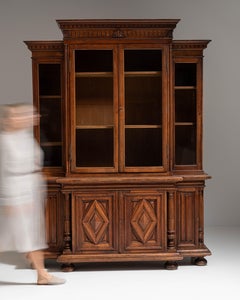 19th Century French Eclectic Oak Vitrine with Carved Diamond Panels