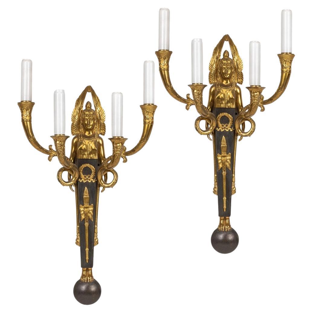 19th Century French Egyptian Revival Part Ormolu D'appliques Wall Lights, c 1830 For Sale