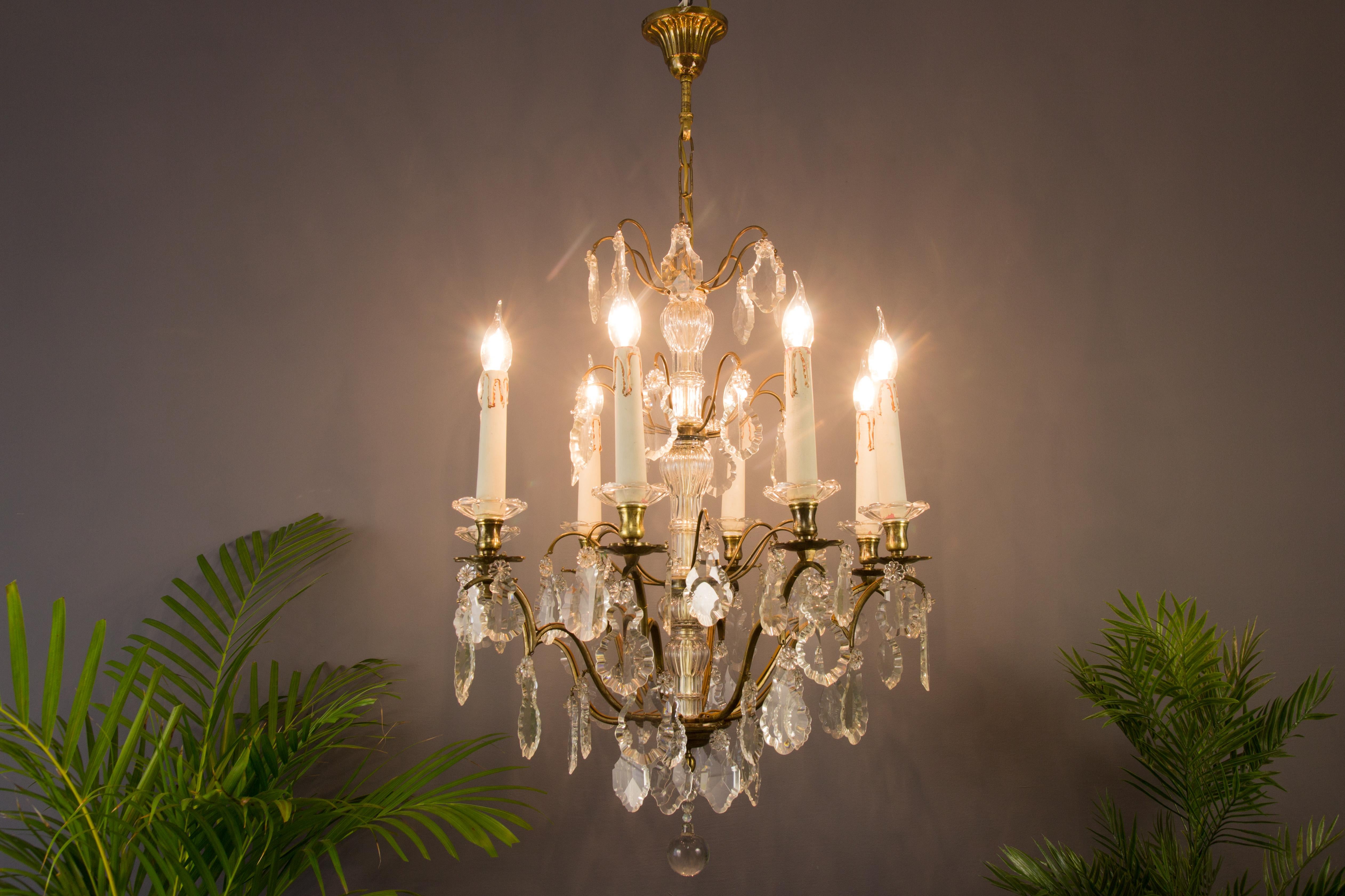 Louis XV 19th Century French Eight–Light Crystal and Bronze Chandelier